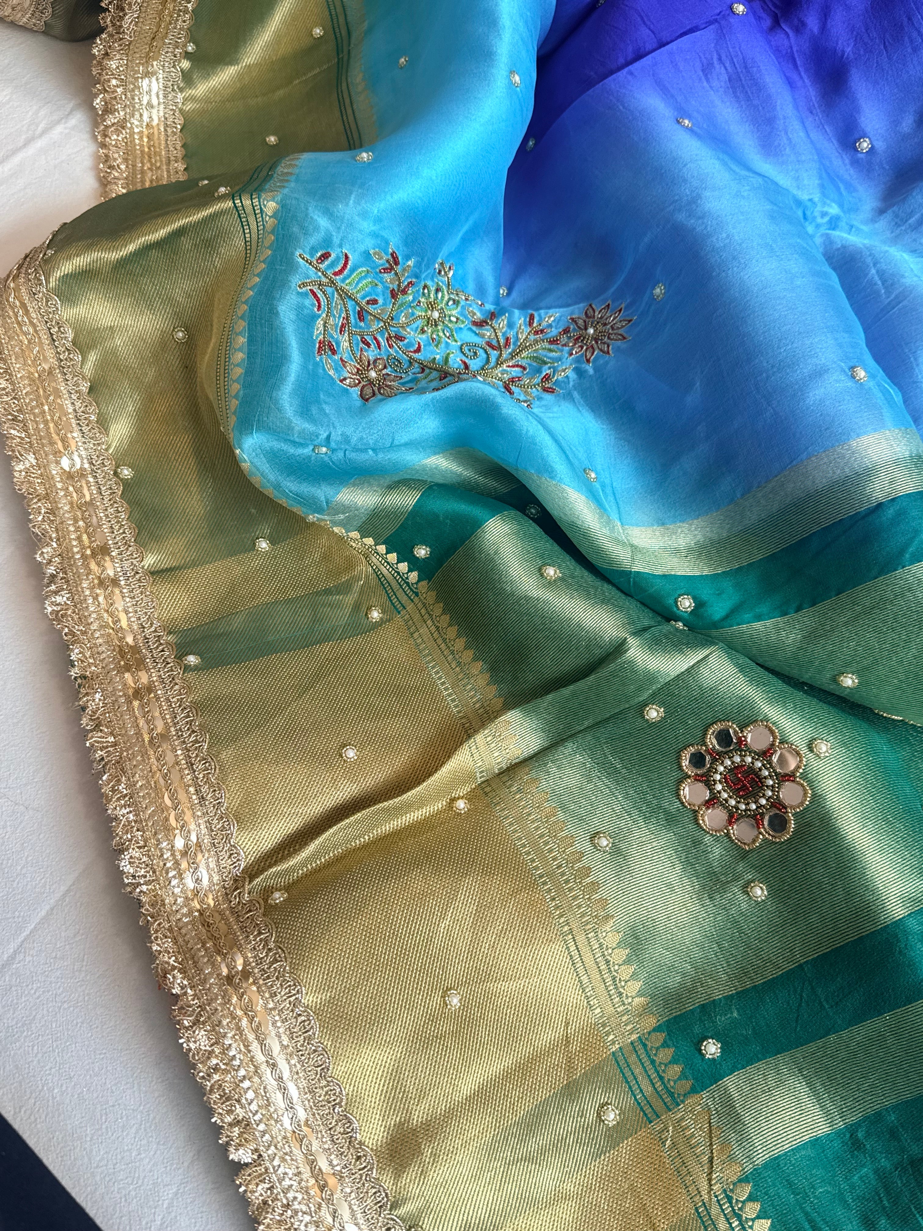 Husn ganga jamuna contrast border kora silk hand embroidered saree