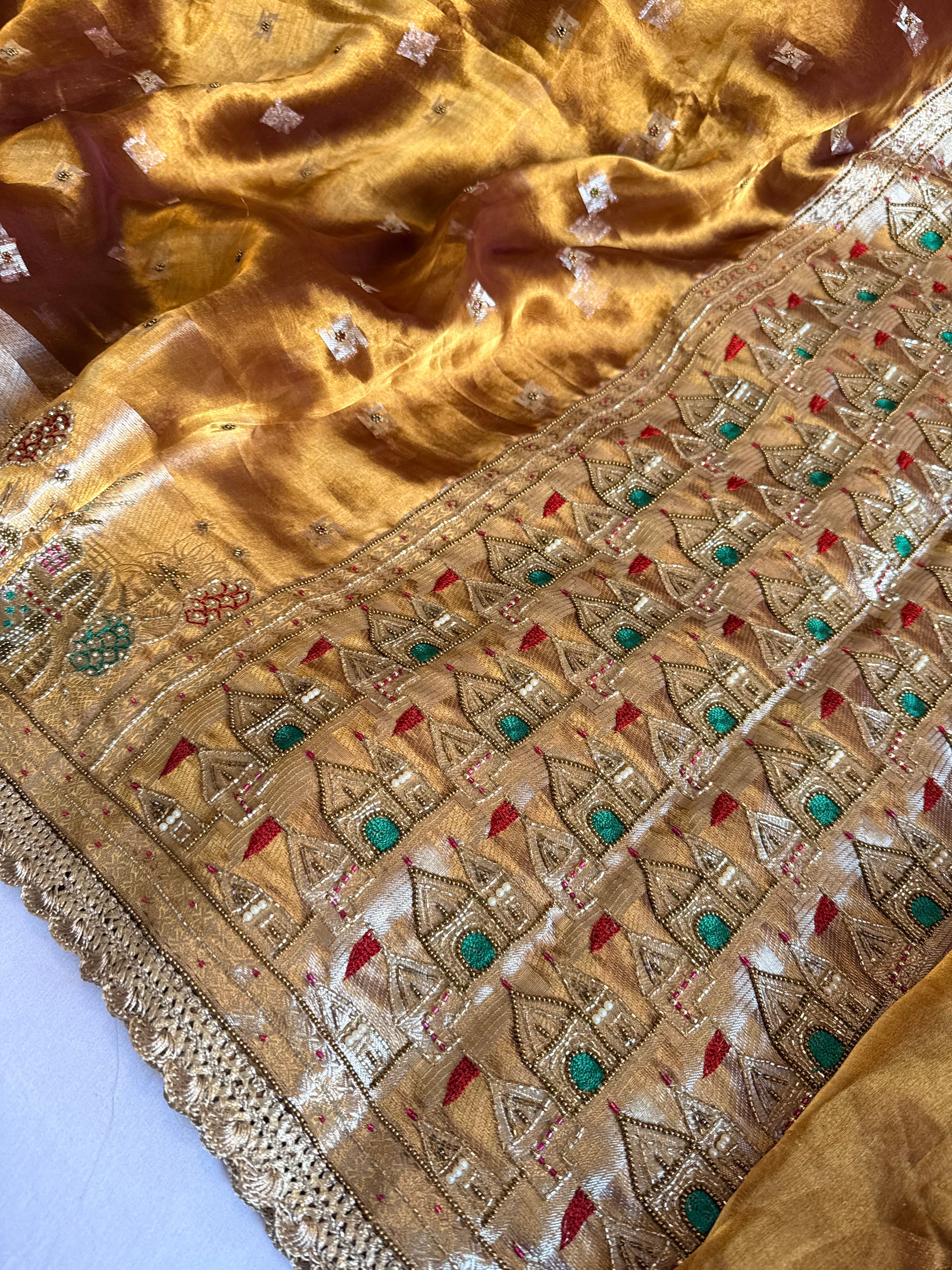 Ganga-darshan edit - Tissue silk kanjivaram bronze gold hand embroidered kadhwa saree