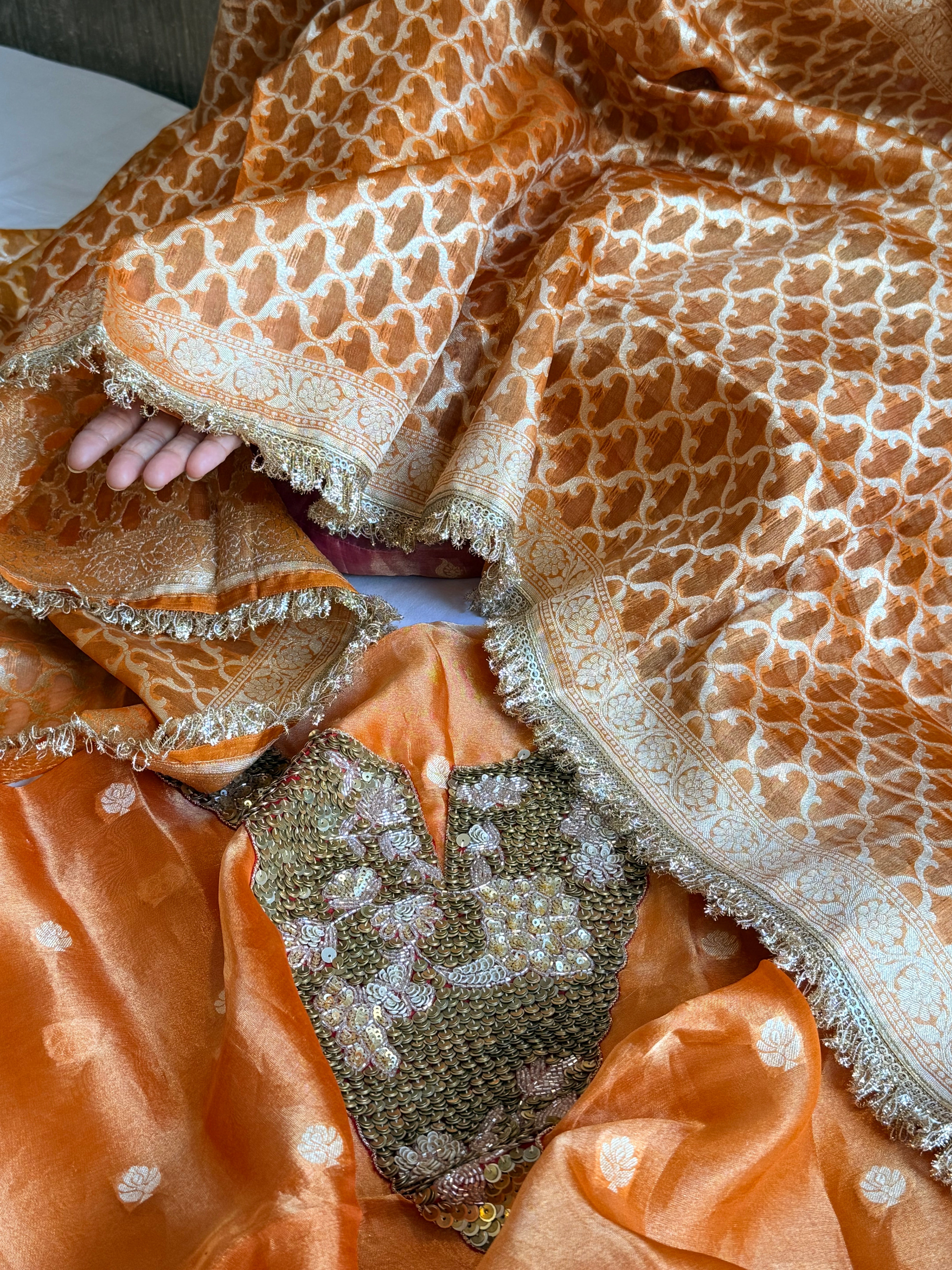 Karwachauth edit tissue silk sequins work hand embroidered suits
