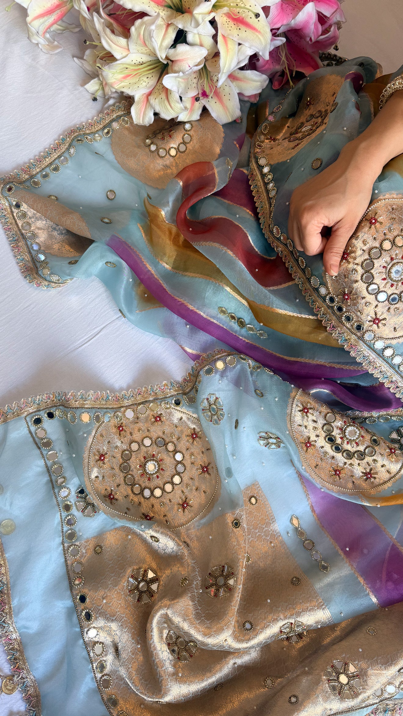 Rang birangi 2.0 - Kora silk mirrorwork hand embroidered rangkaat saree