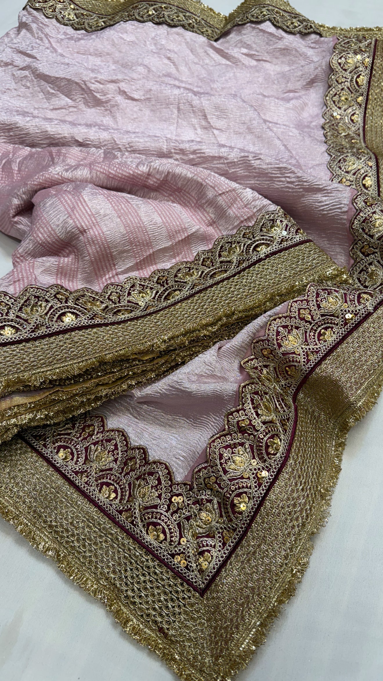 Moonga crushed tissue silk blush pink saree