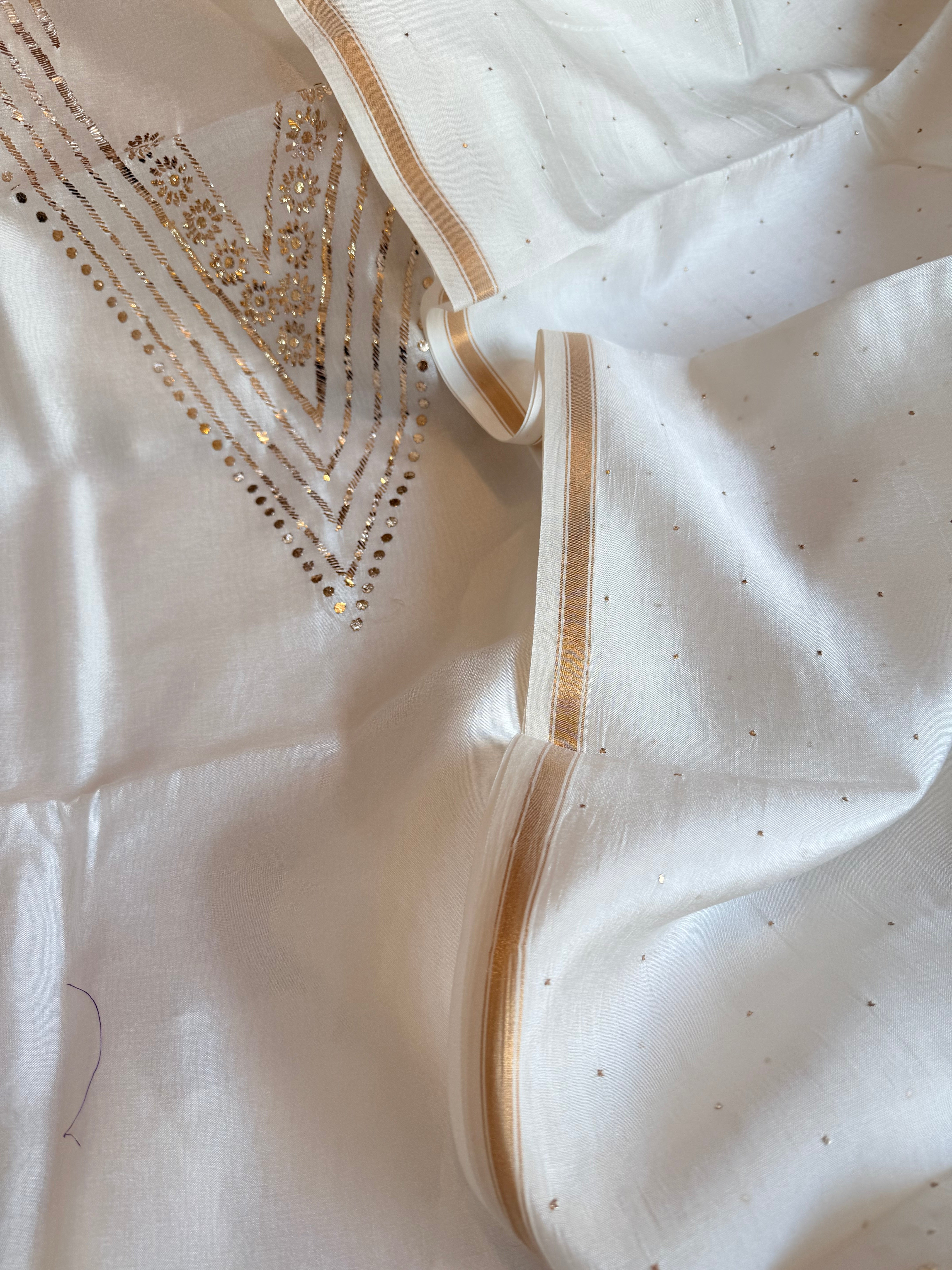 Pearl white spun chiniya silk mukaish hand embroidered suit sets