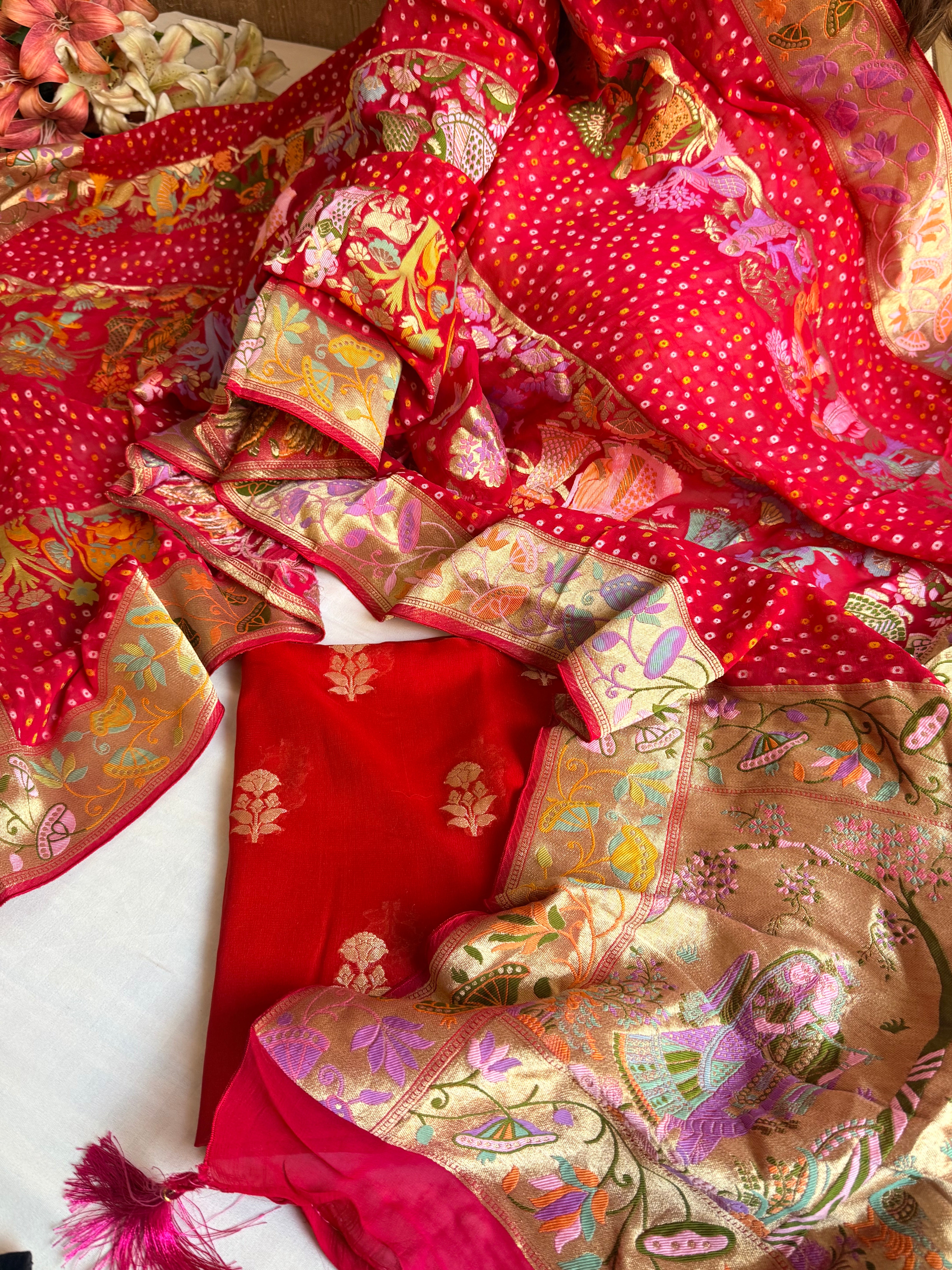 Banarasi rai bandhej radha krishna weaving gorgette kadhwa suit set
