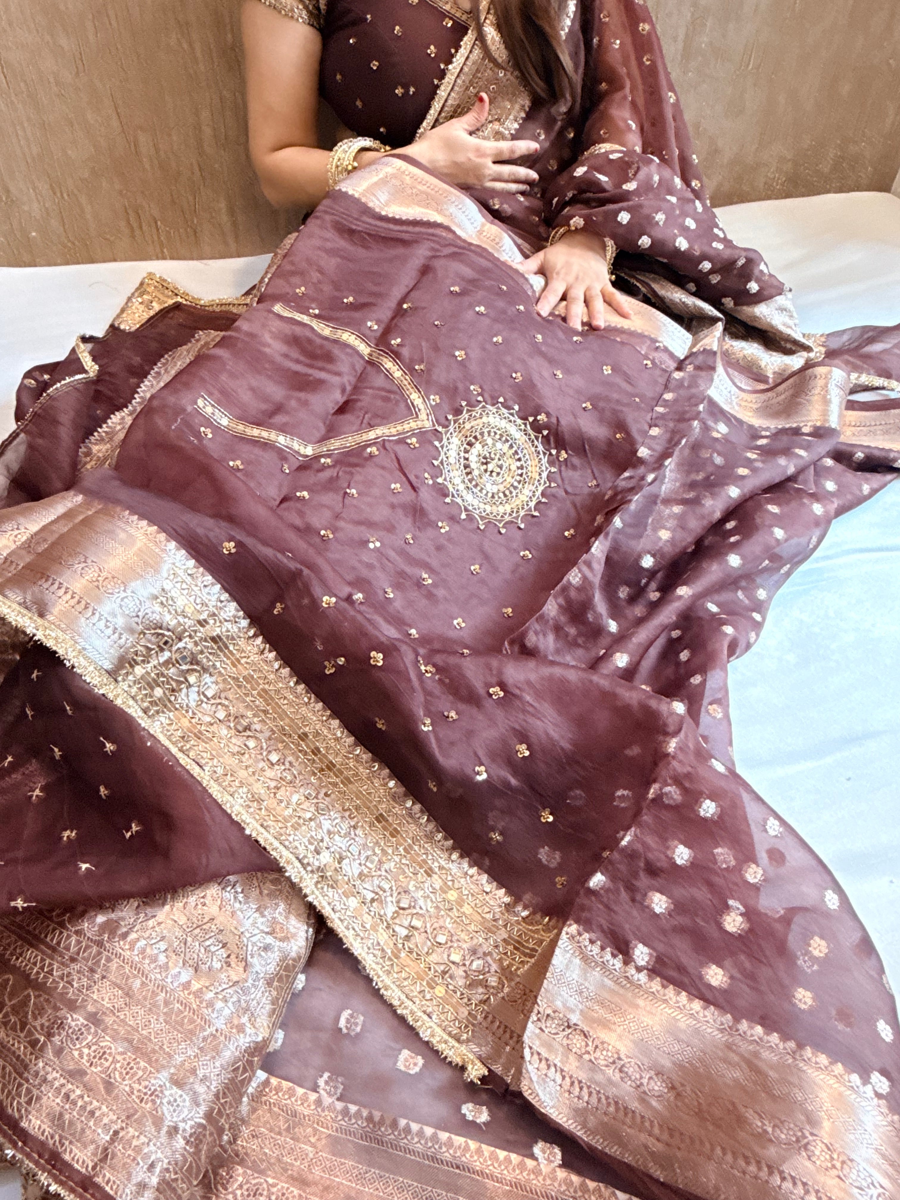 Coffee brown kora silk bollywood inspired antique work hand embroidered saree ( Blouse unstitched)