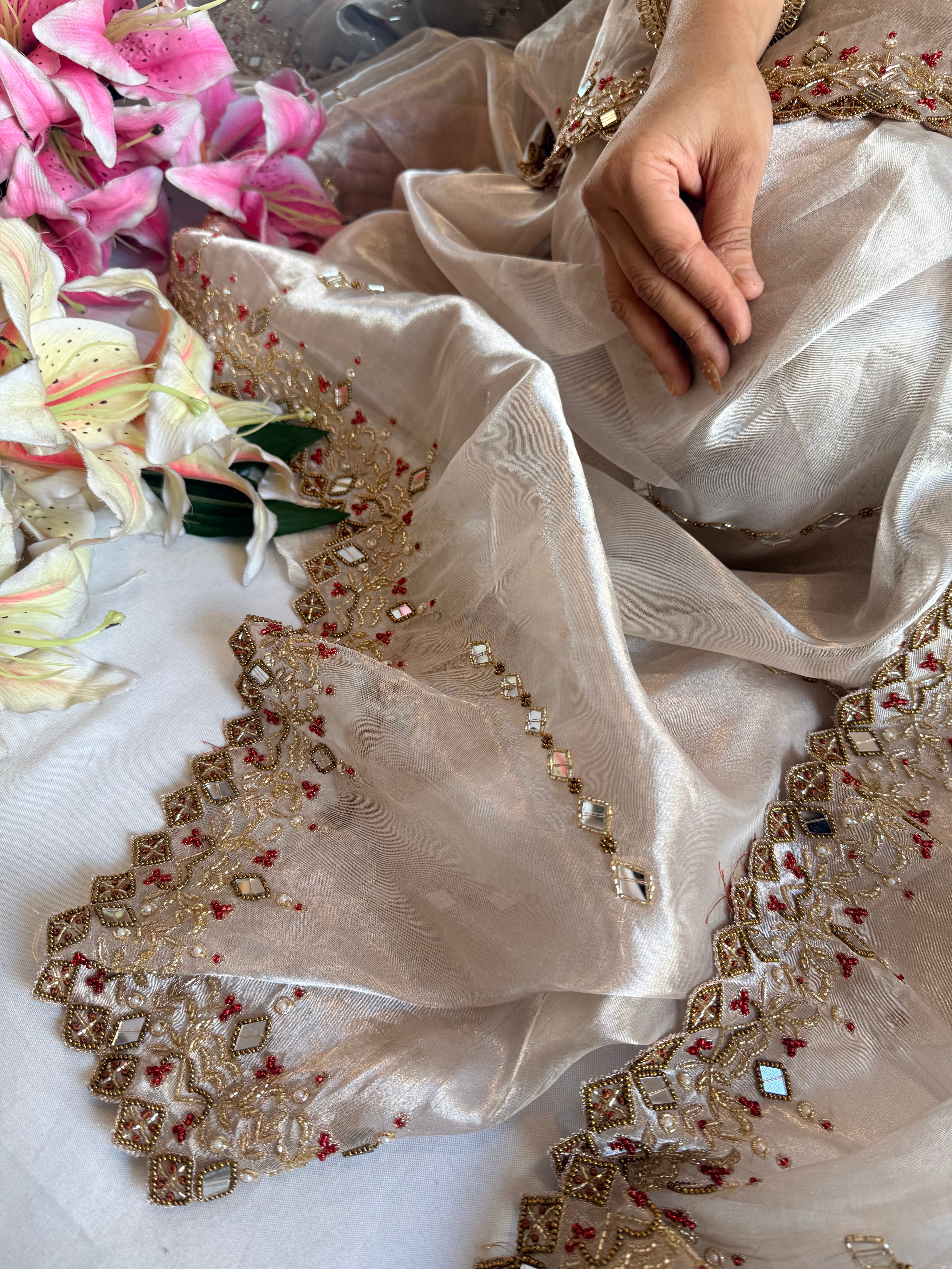 Jheel edit tissue silk diamond hand embroidered kadhwa saree