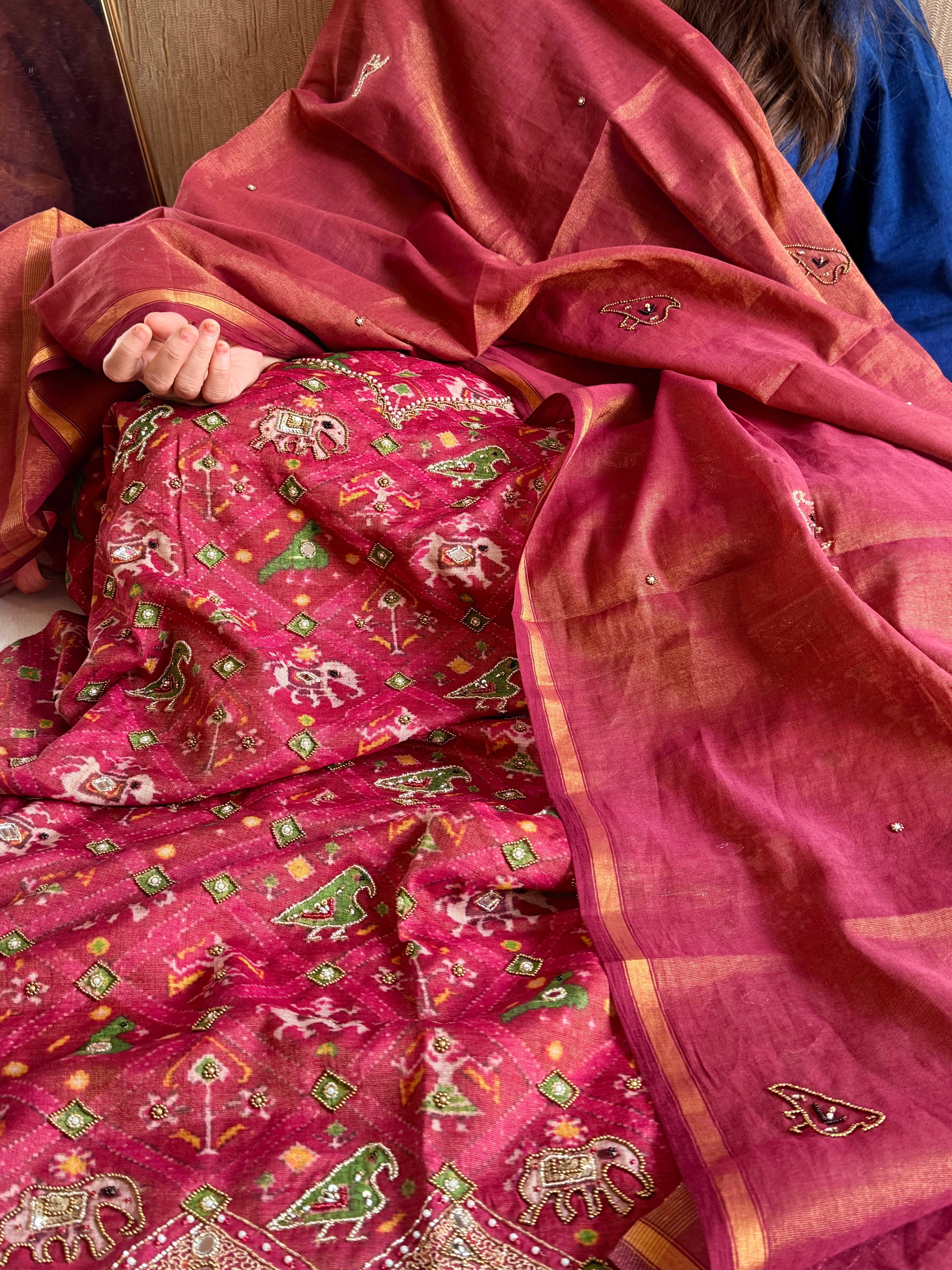 Patola weaving hand embroidered mul cotton tissue suit sets