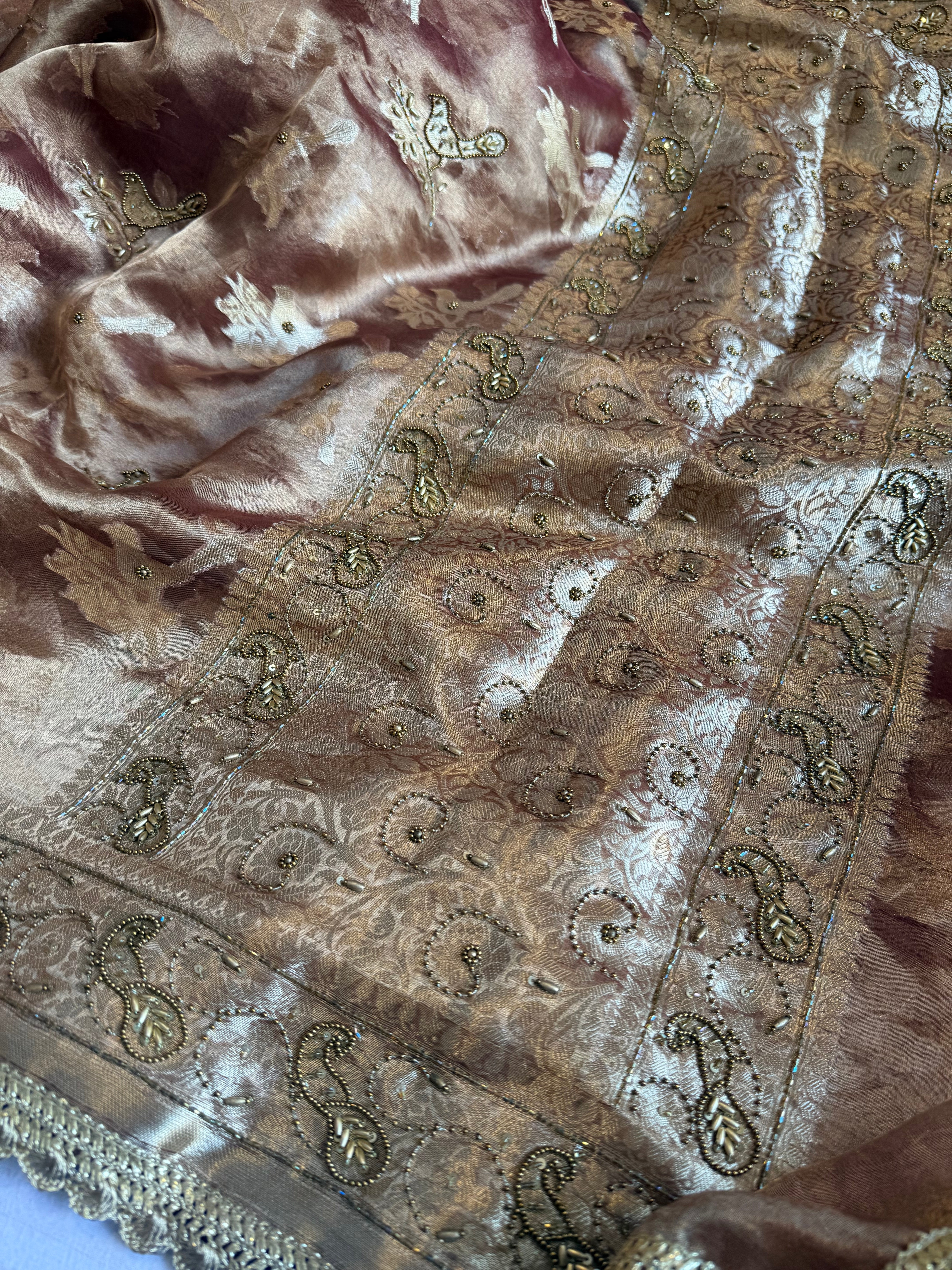 Chiraiya wali saree - Choco brown tissue silk figure motif weaving and hand embroidered saree