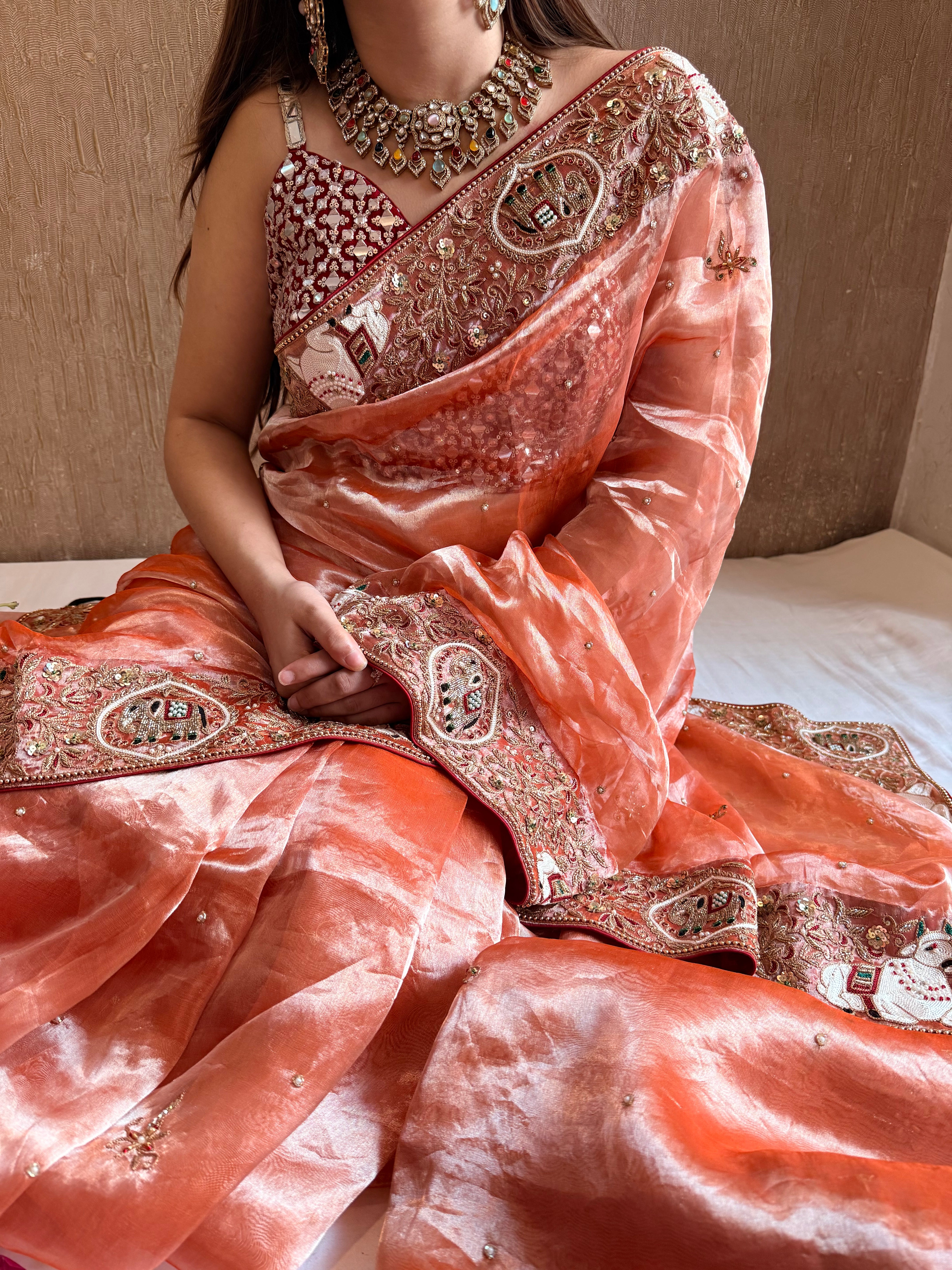 Chandramukhi edit - Fanta orange diamond tissue silk hand embroidered saree