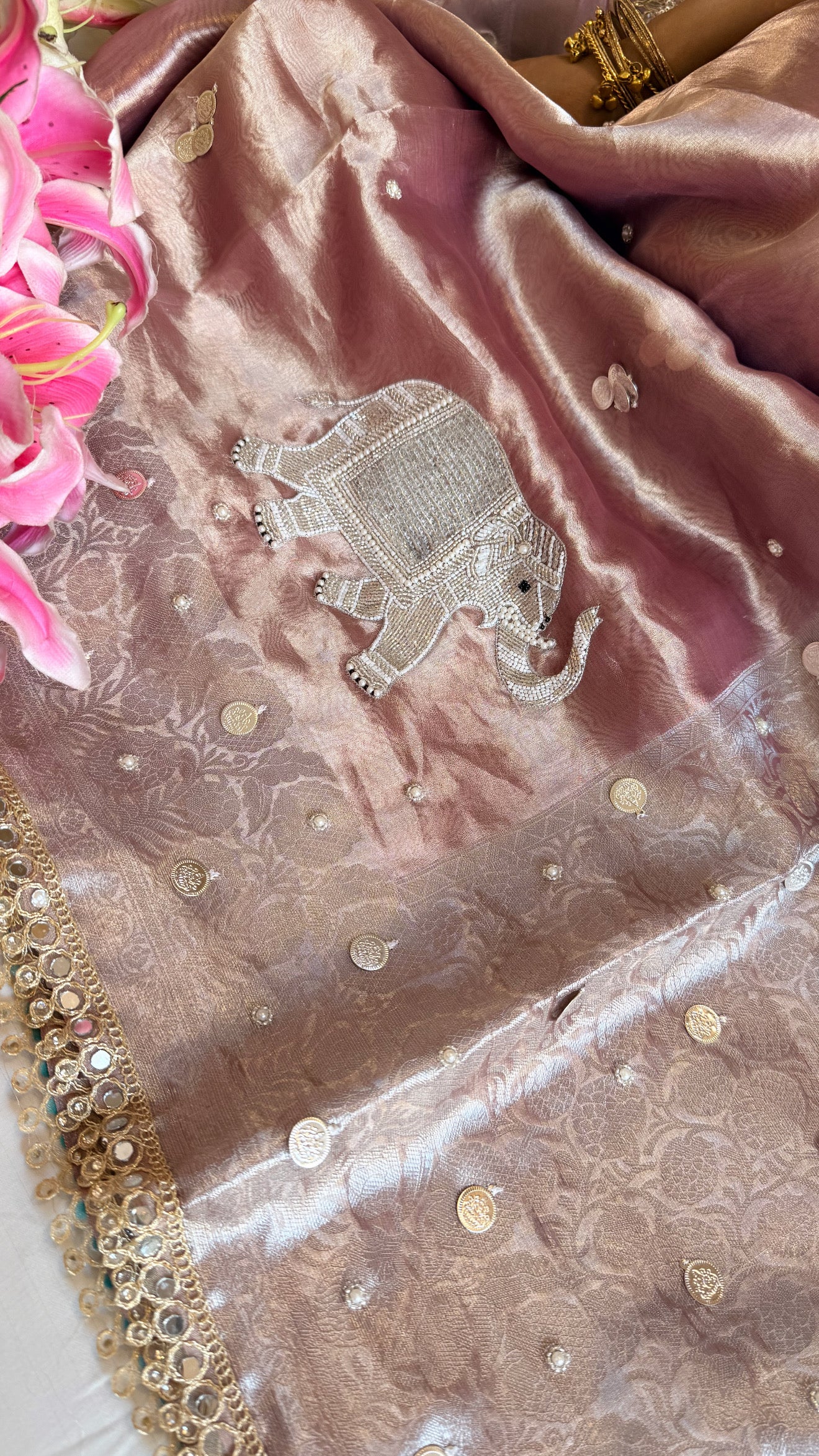 Gulabi jadau edit - Rose peach tissue silk jadau work hand embroidered saree