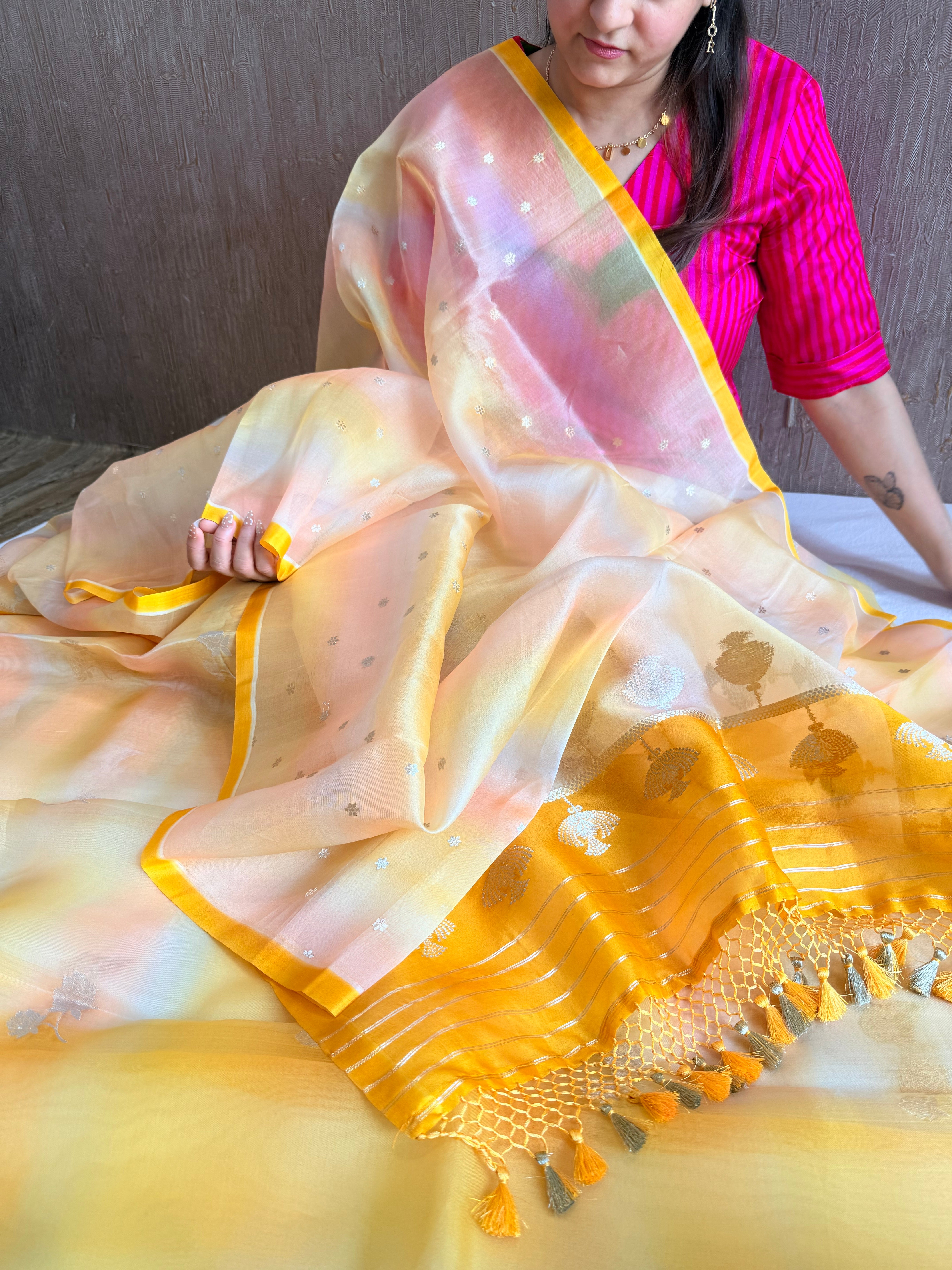 Pastel shaded kora silk rainbow dye kadhwa banarasi suit set