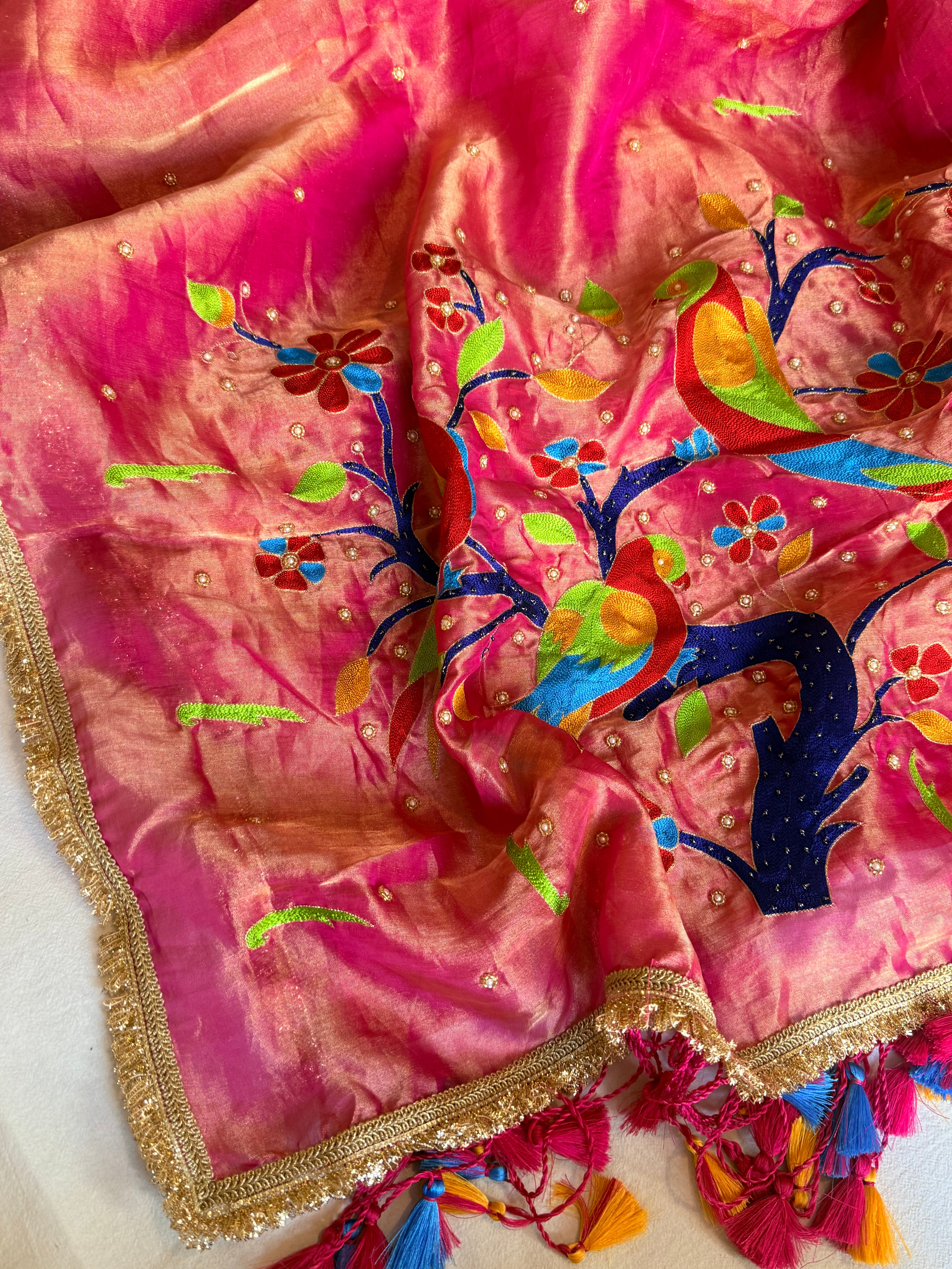 Barbie pink tissue silk paithani weaving hand embroidered kadhwa saree