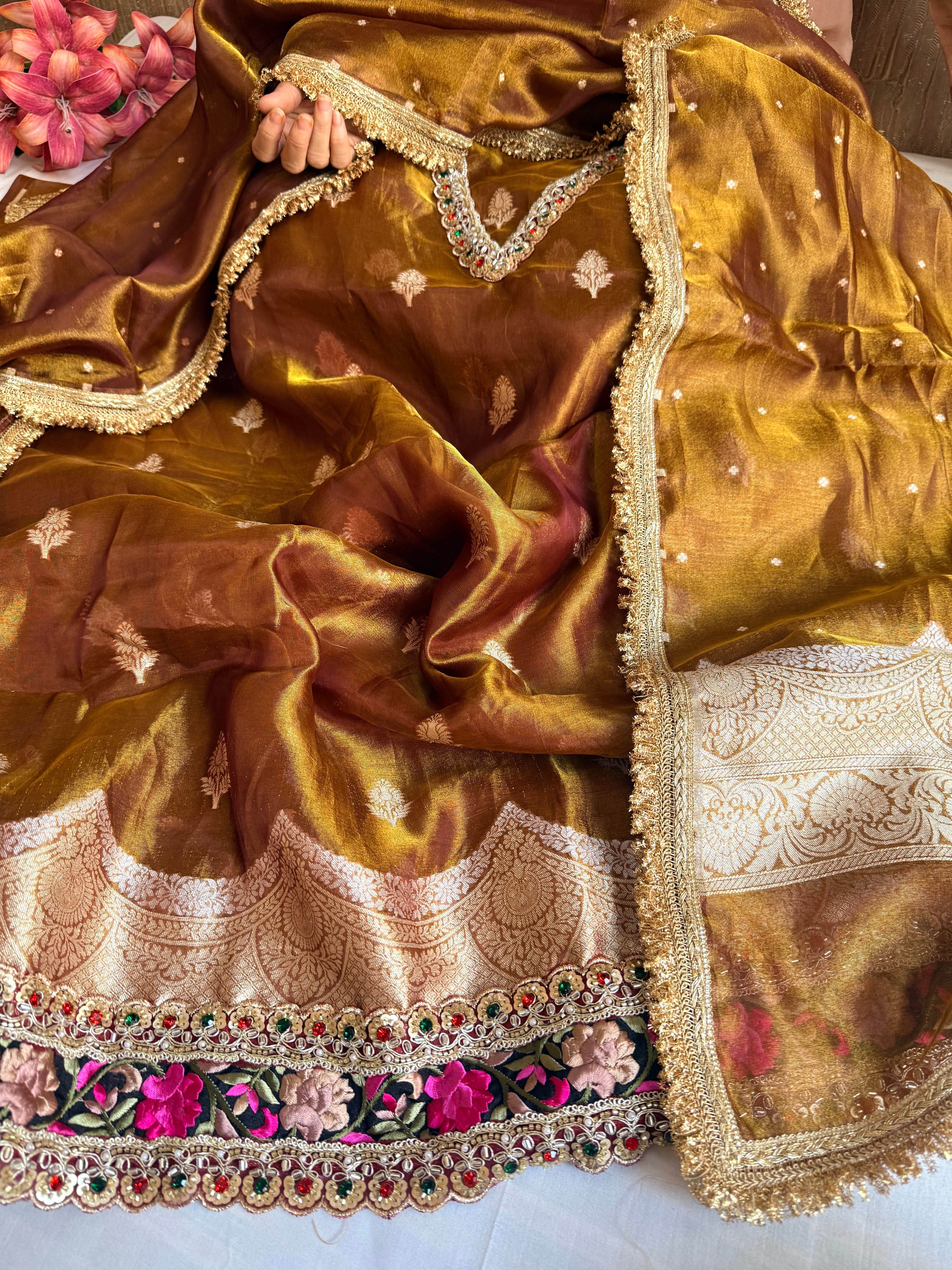 Navratna molten gold tissue silk kadhwa buti hand embroidered suit sets