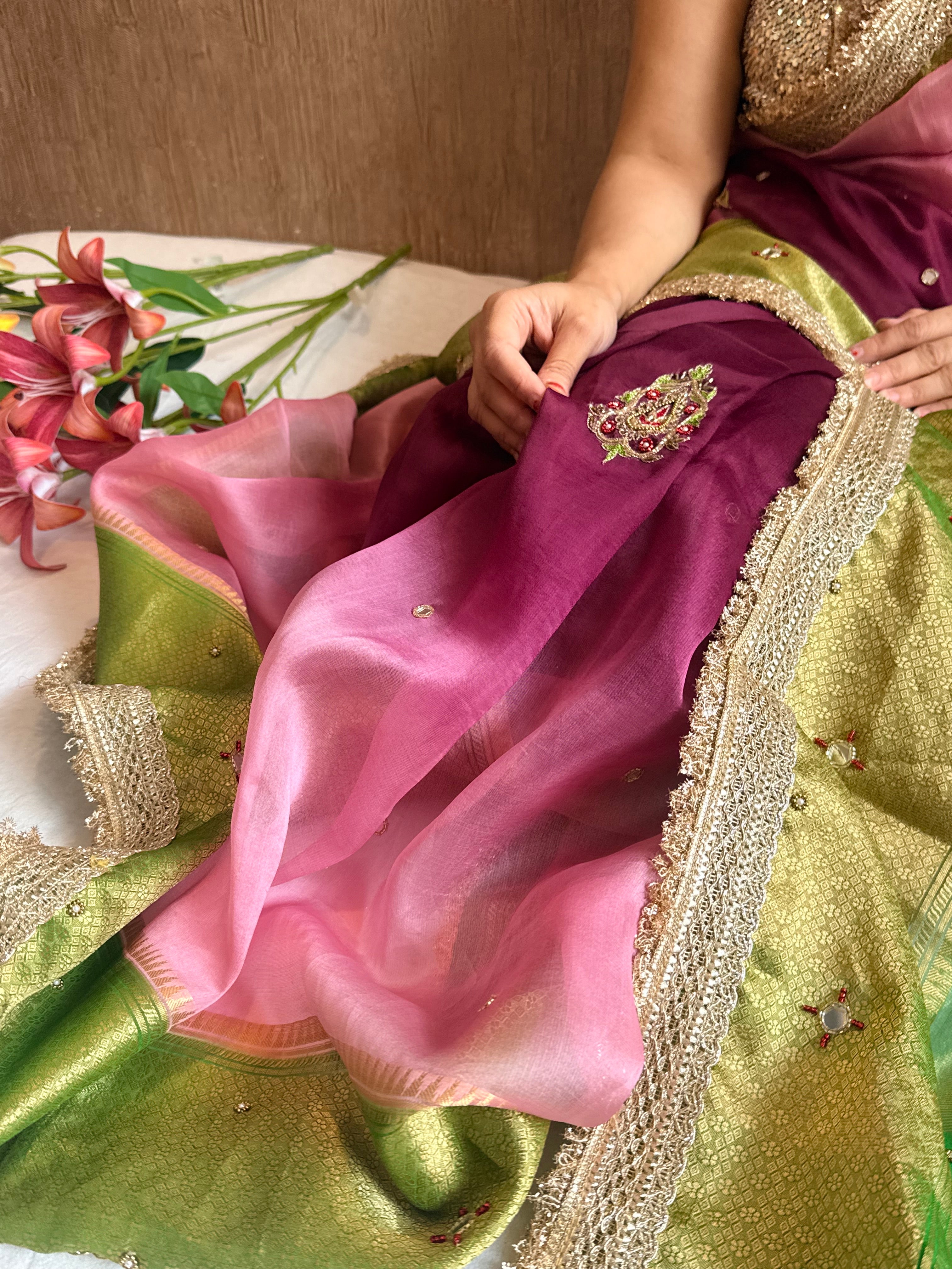 Husn ganga jamuna contrast border kora silk hand embroidered saree