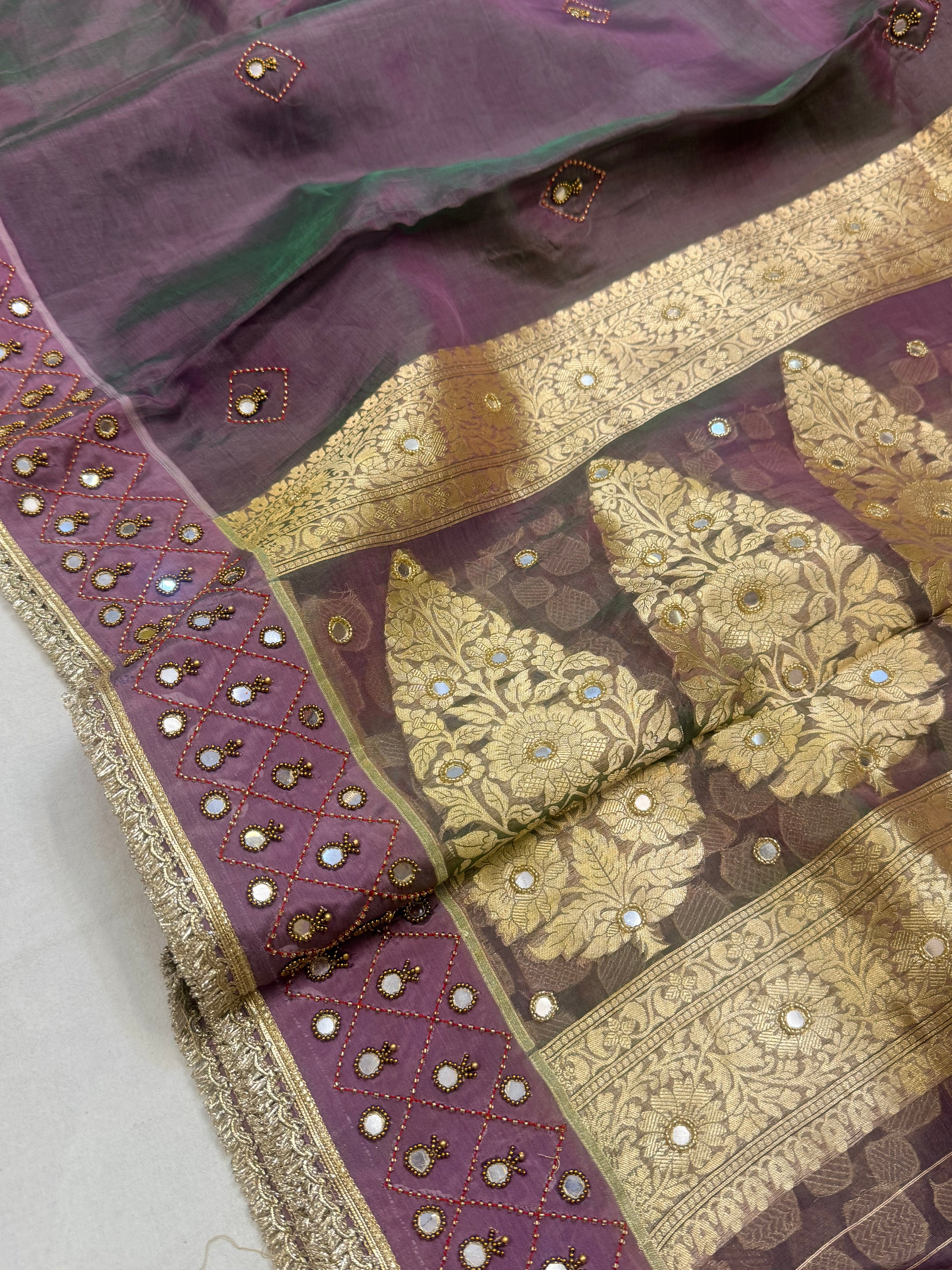 Dusty purple tissue silk hand embroidered kadhwa saree