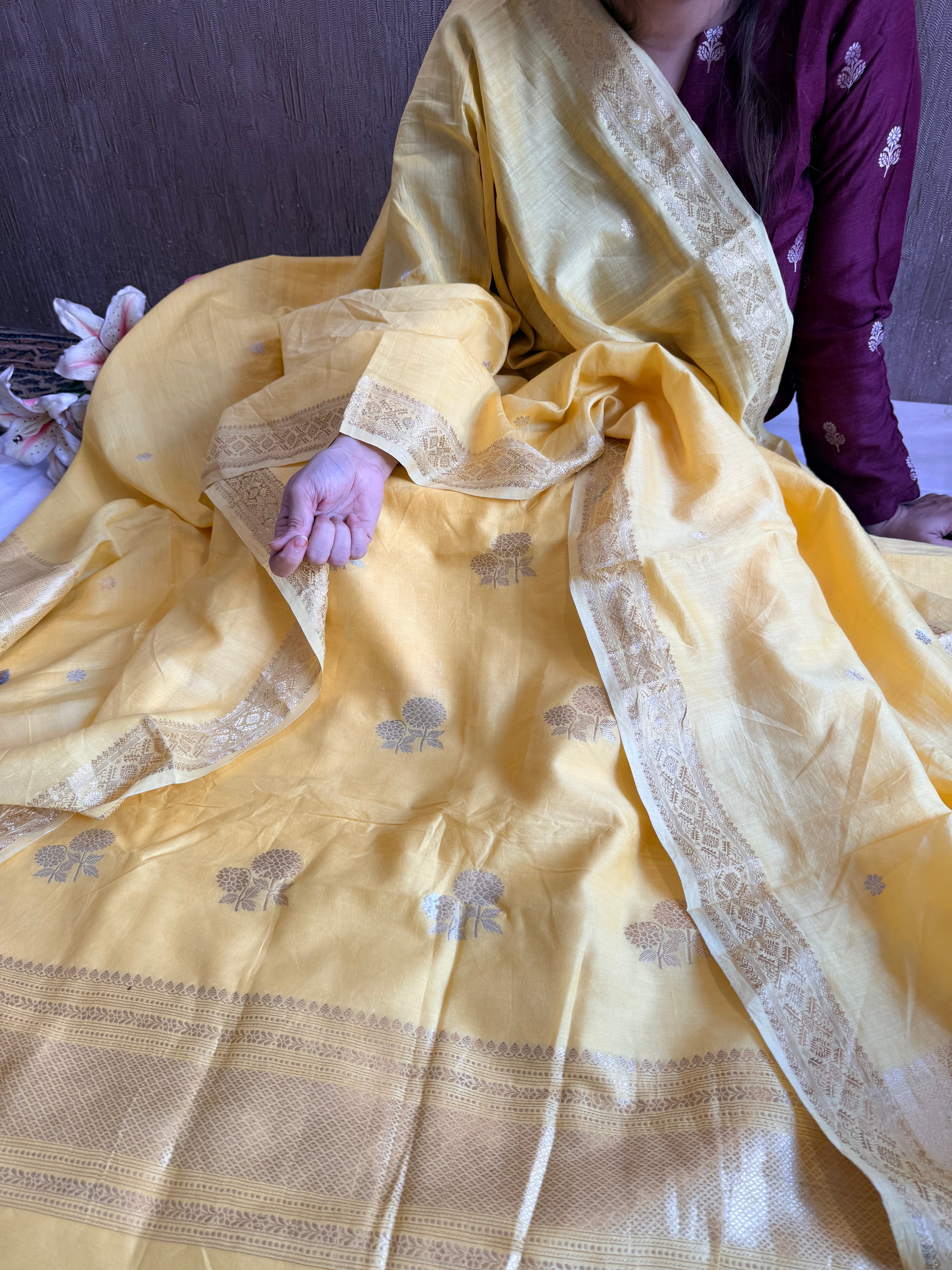Mul cotton banarasi kadhwa buti butter yellow suit set