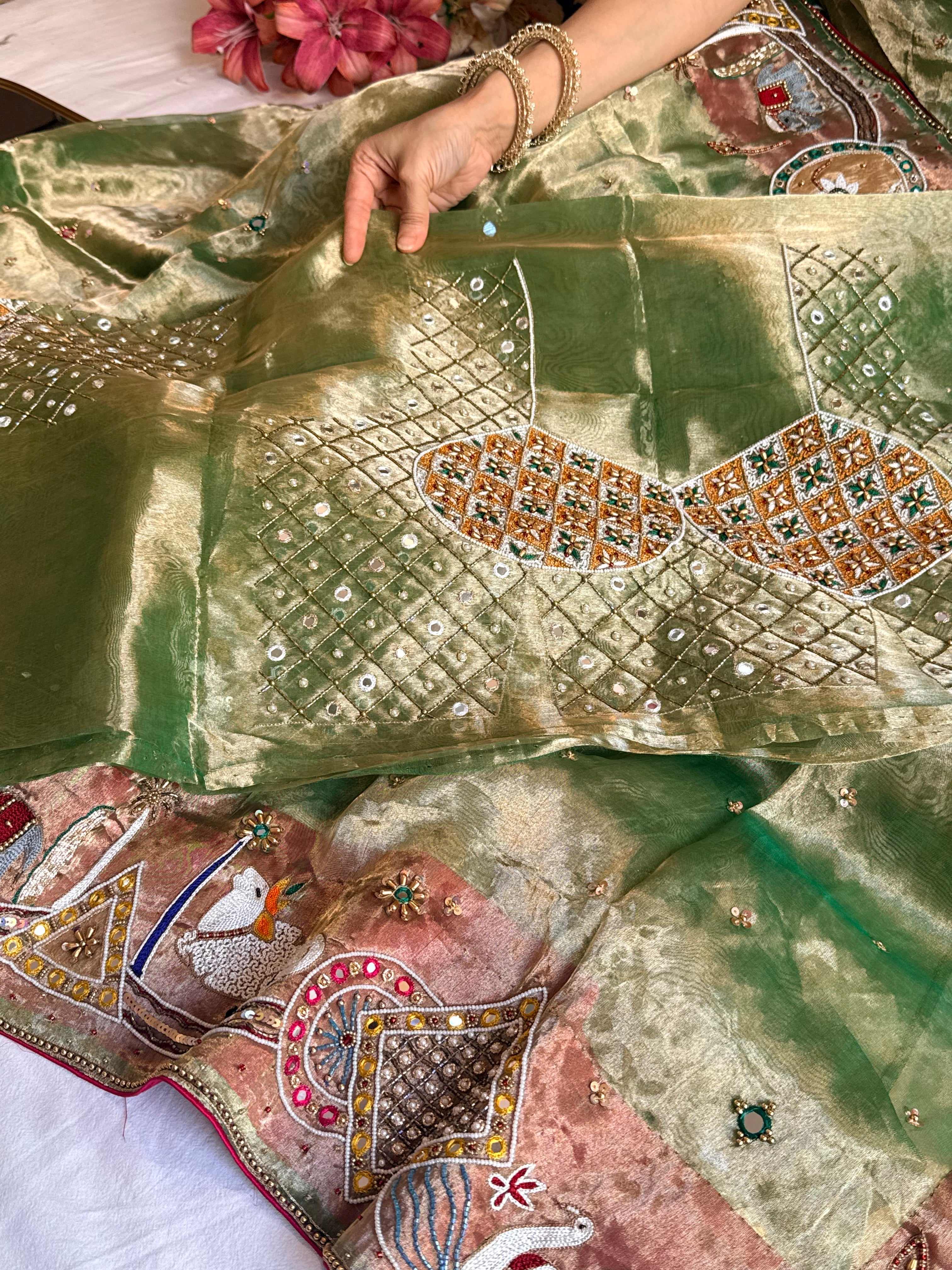 Godbharai wali saree - Emerald green diamond tissue silk hand embroidered saree