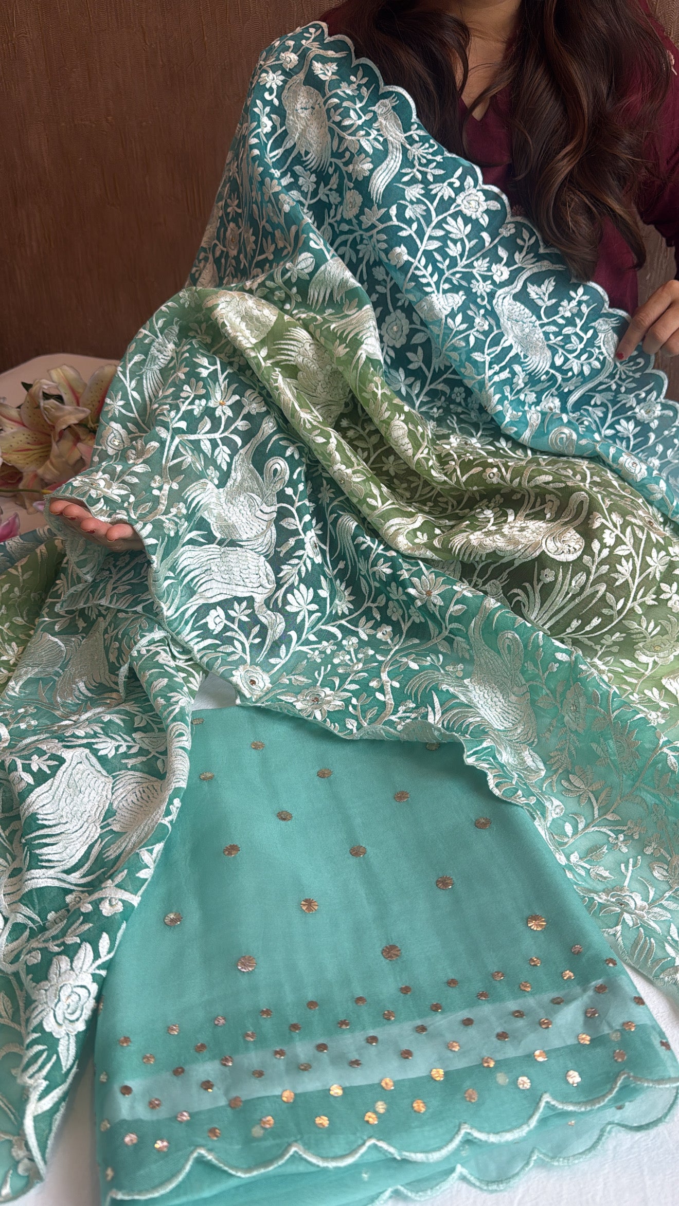Shades of blue green - Parsi gara kora silk resham and mukaish work hand embroidered suits
