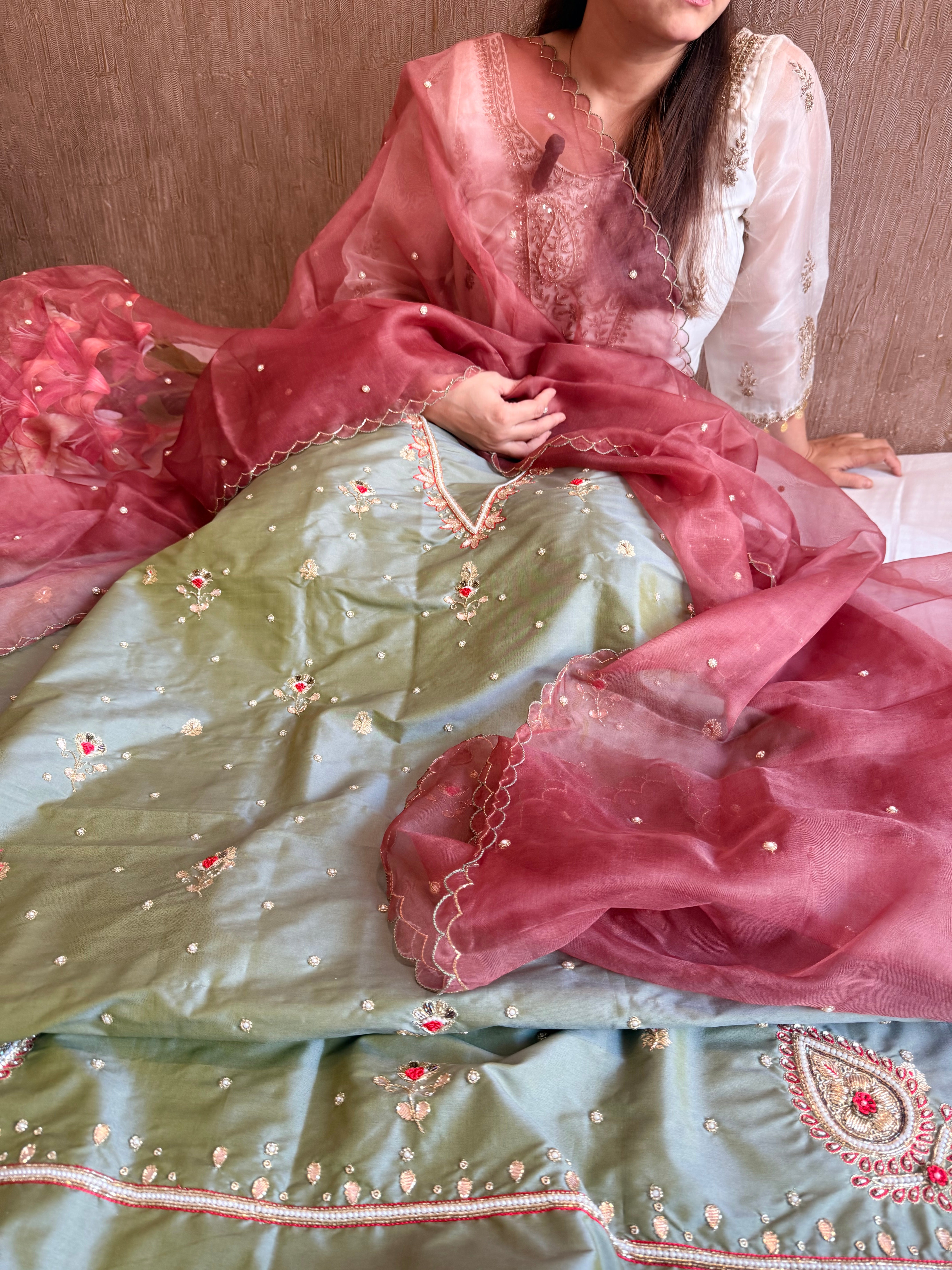 Katan silk hand embroidered banarasi kurta paired with kora silk duppata