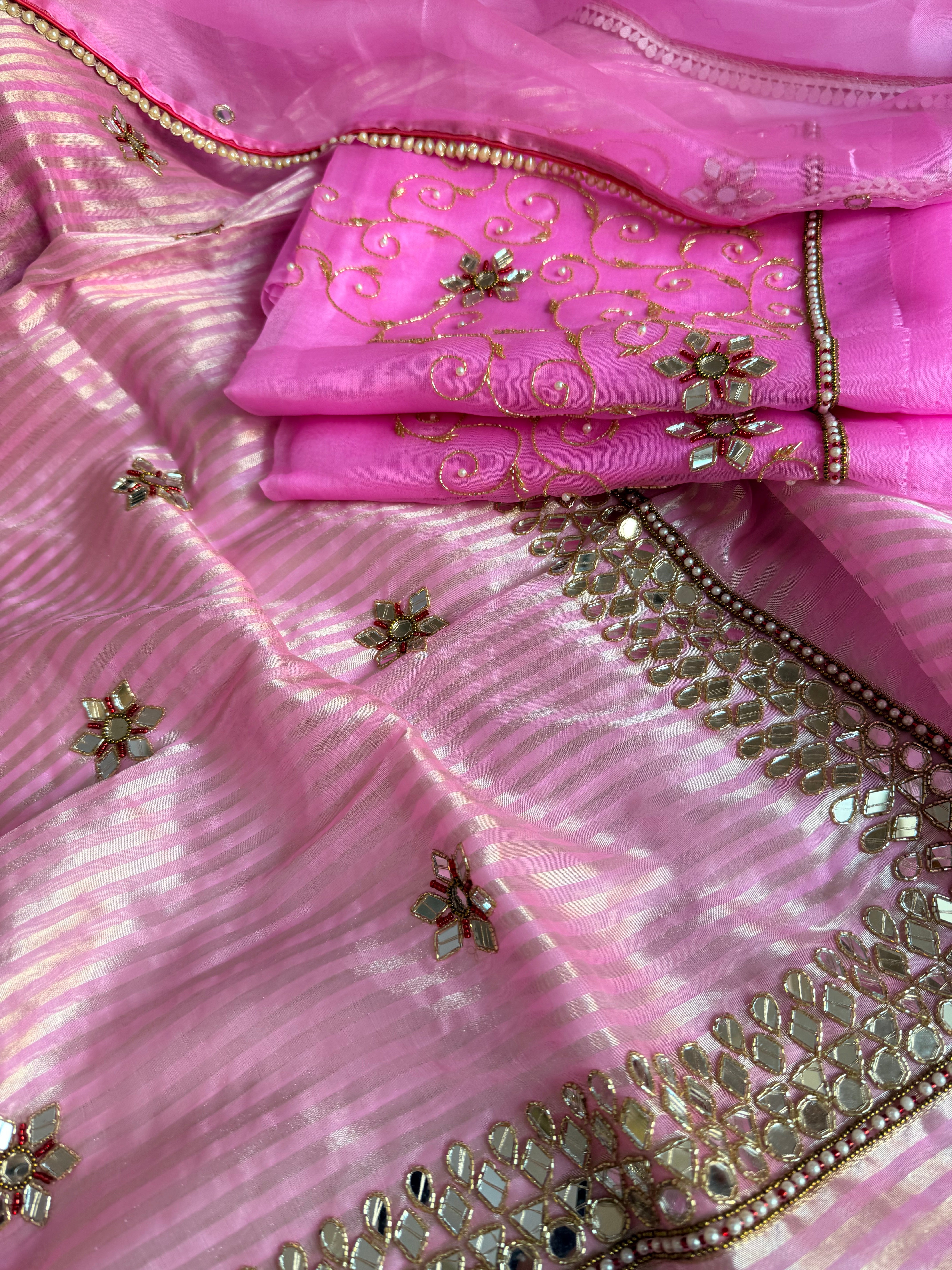Kora silk silver zari striped mirror work edit hand embroidered kadhwa suit set