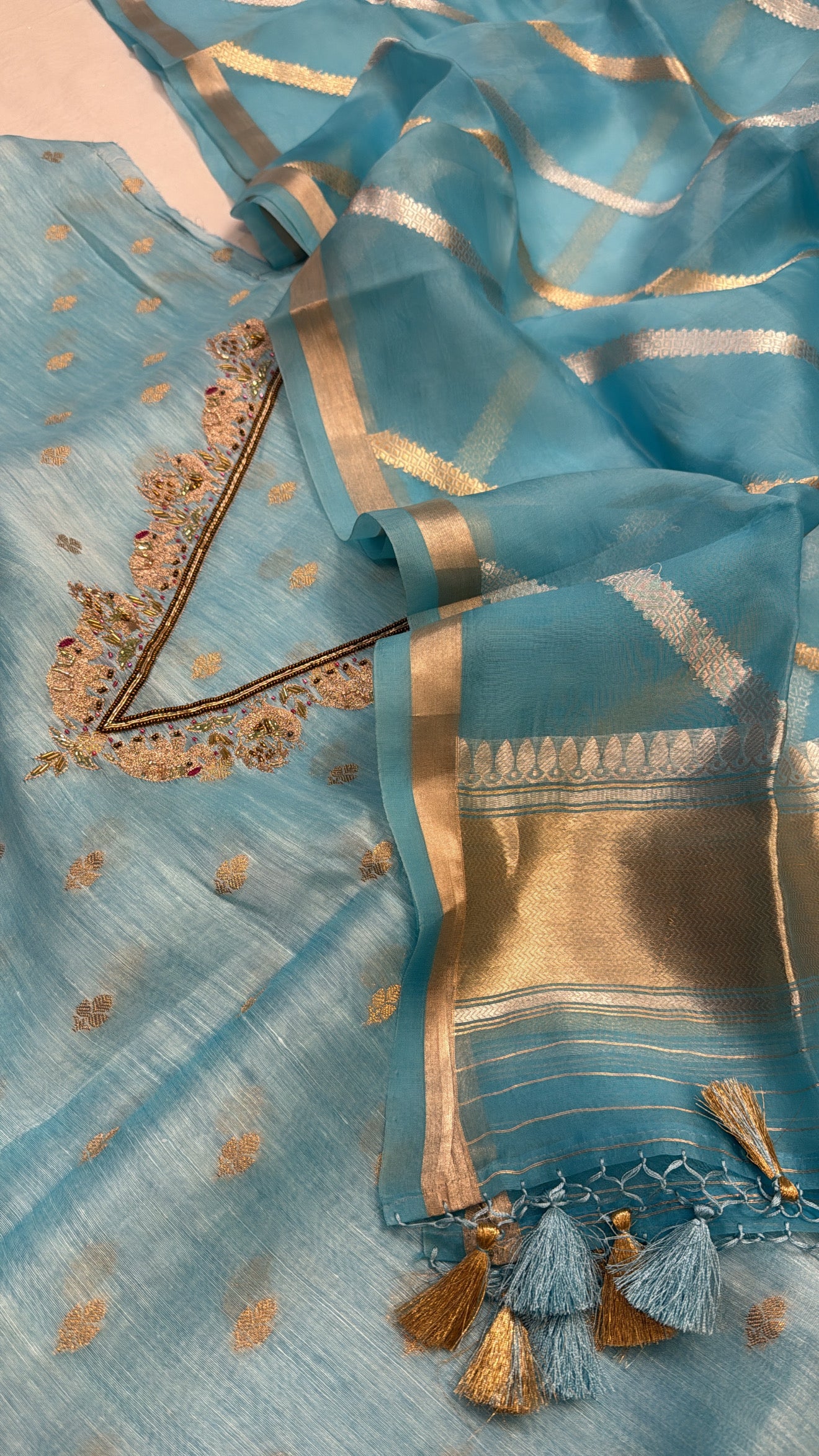 Sky blue linen gorgette hand embroidered kurta paired with kora silk duppata set