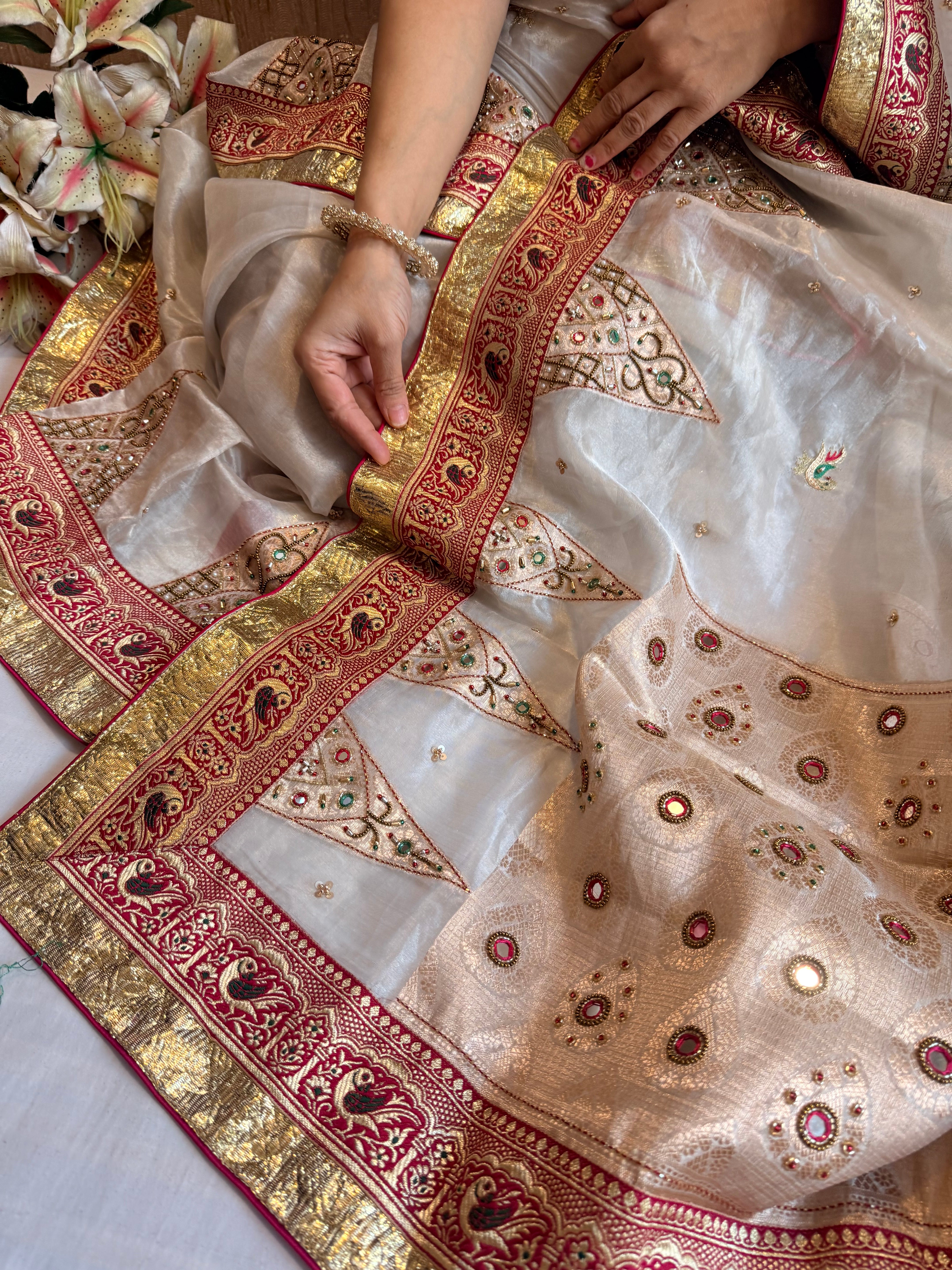 Toran temple border Ivory tissue silk patchwork hand embroidered border saree
