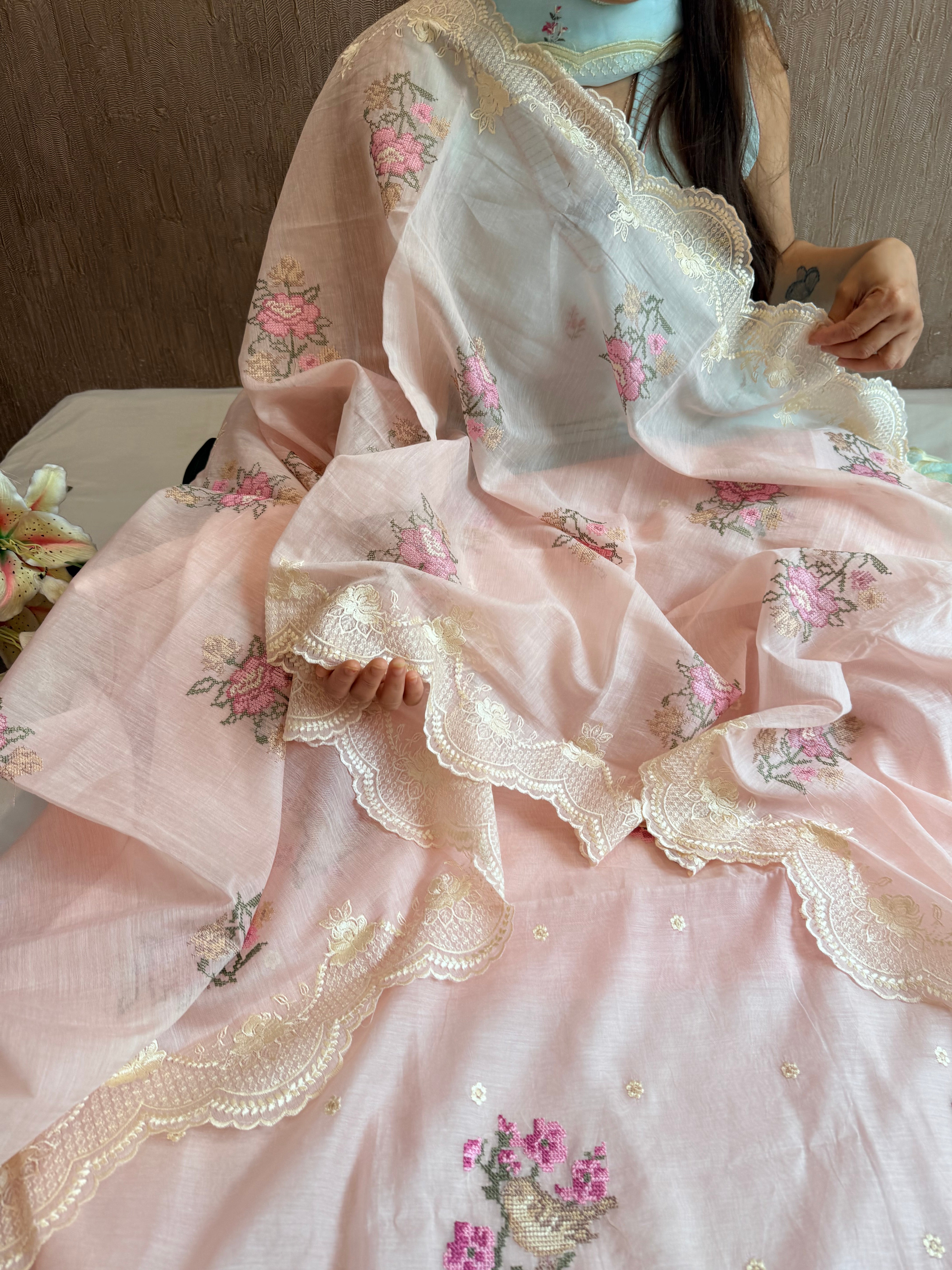 Blush pink cross-stitch hand embroidered resham work suit set