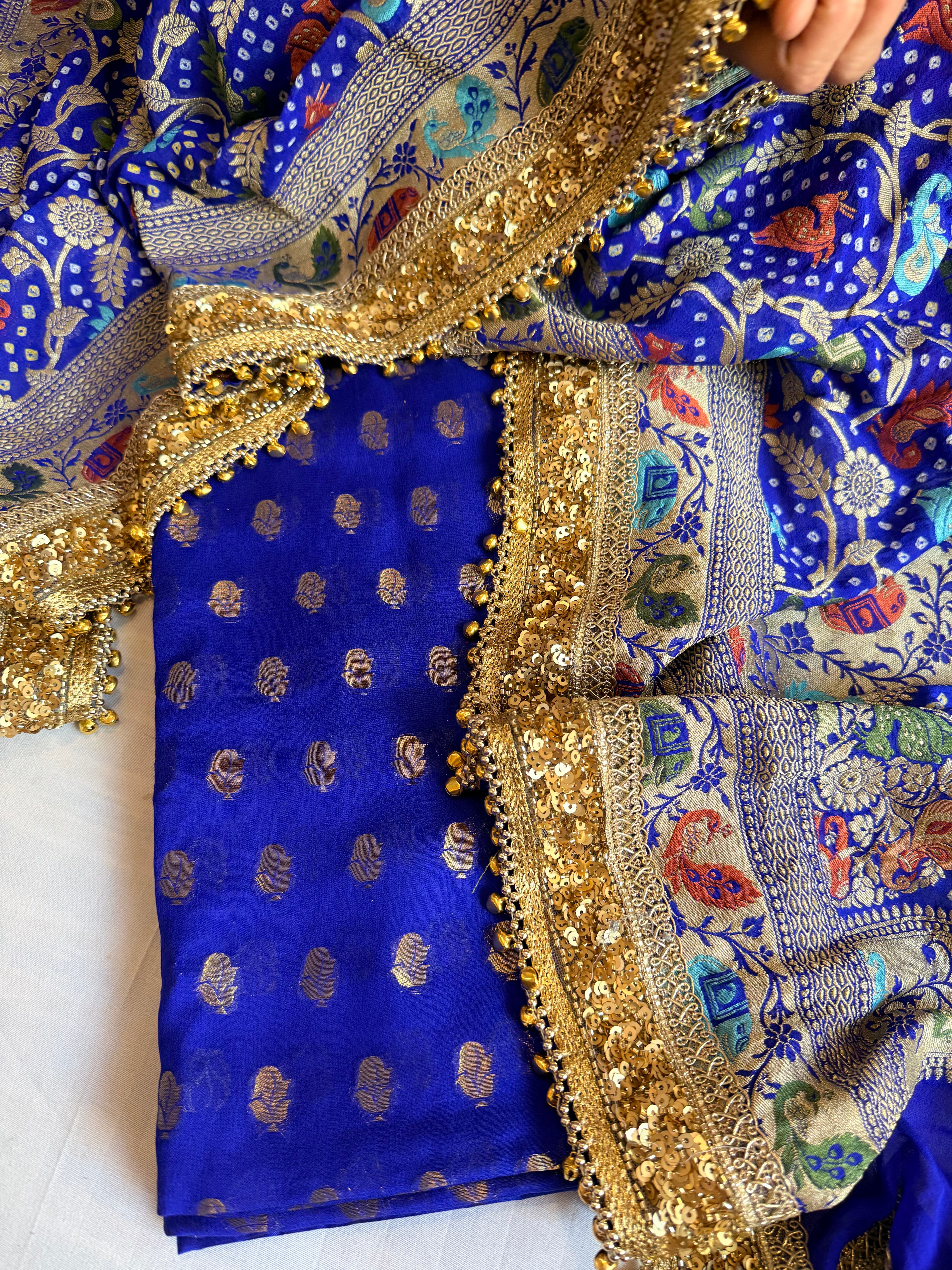 Banarasi bandhej ink blue ghungroo and sequin work chiffon gorgette kadhwa suit set