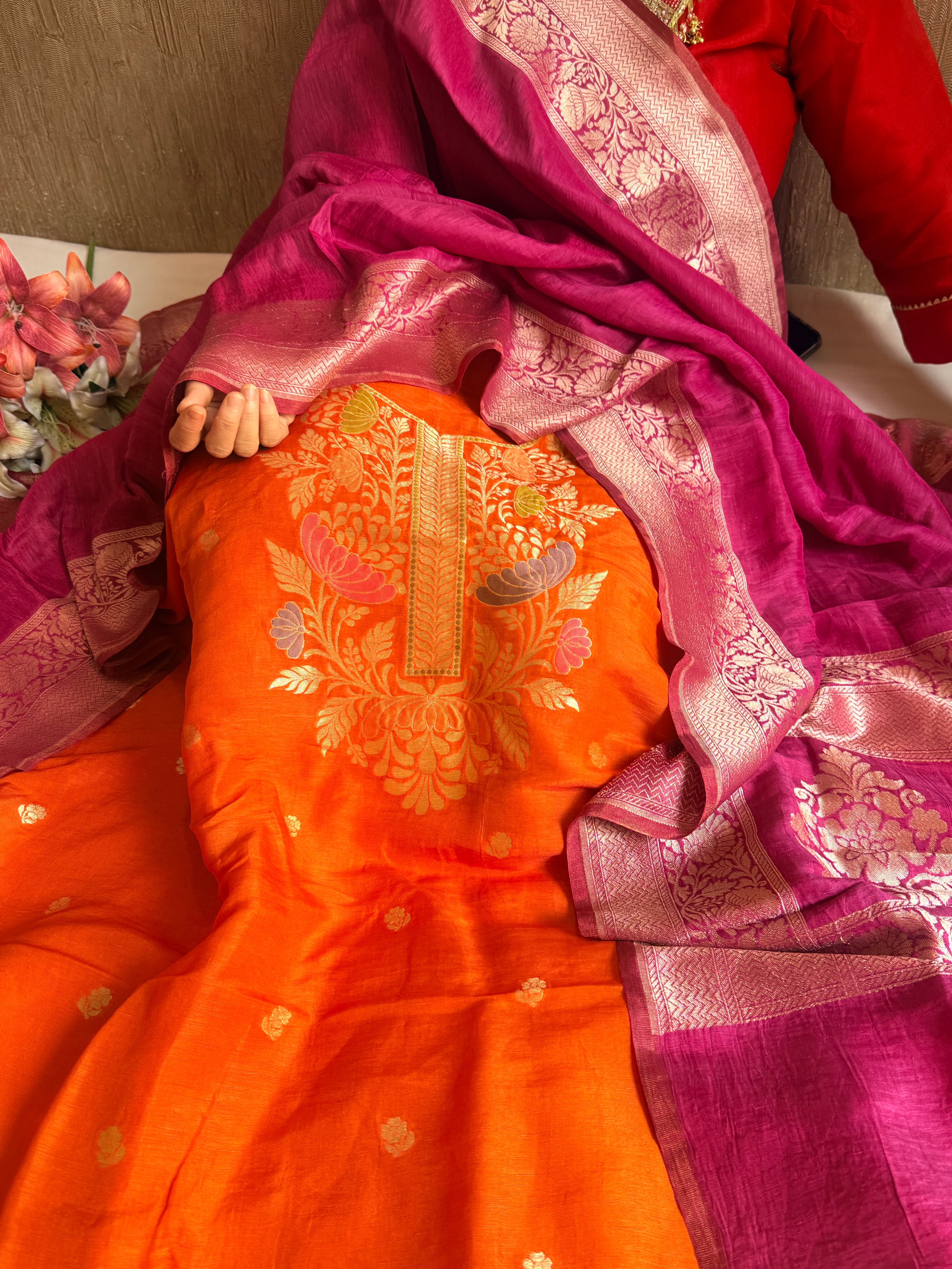 Banarasi linen gorgette neckwork weaving meenakari suit set