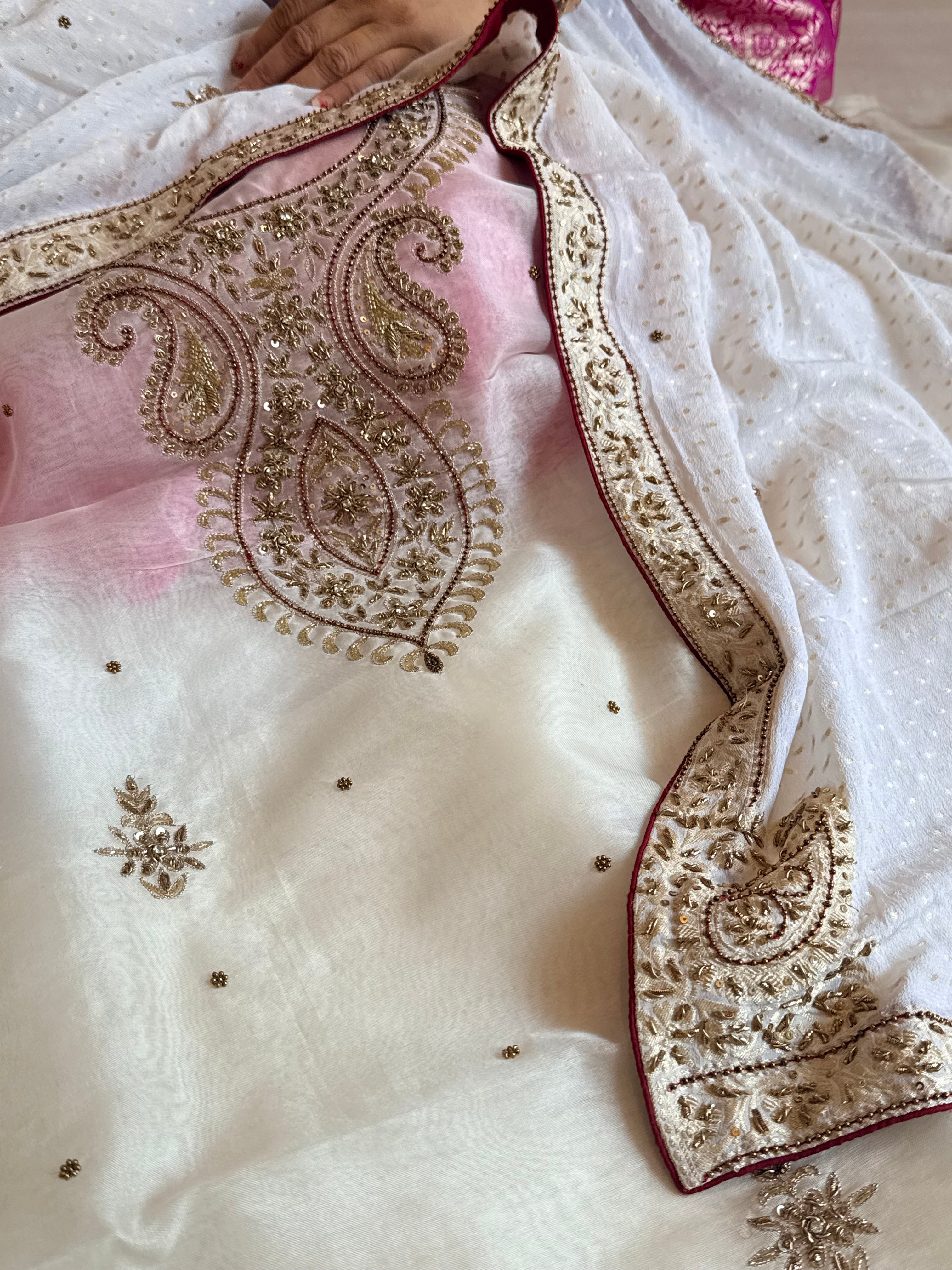 Swan white kora organza silk hand embroidery suit set