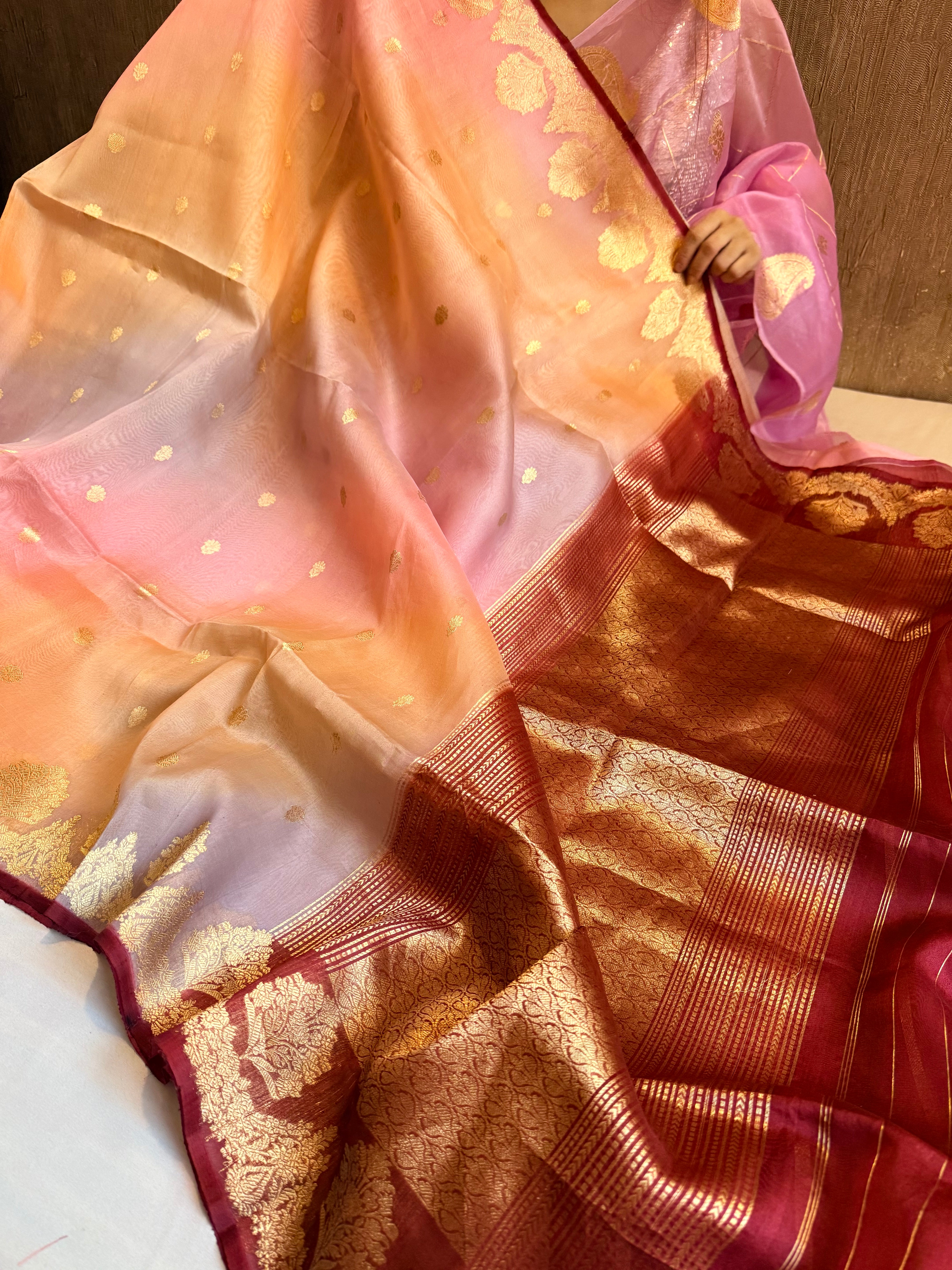 Kora silk shaded rainbow dyed kadhwa handloom saree