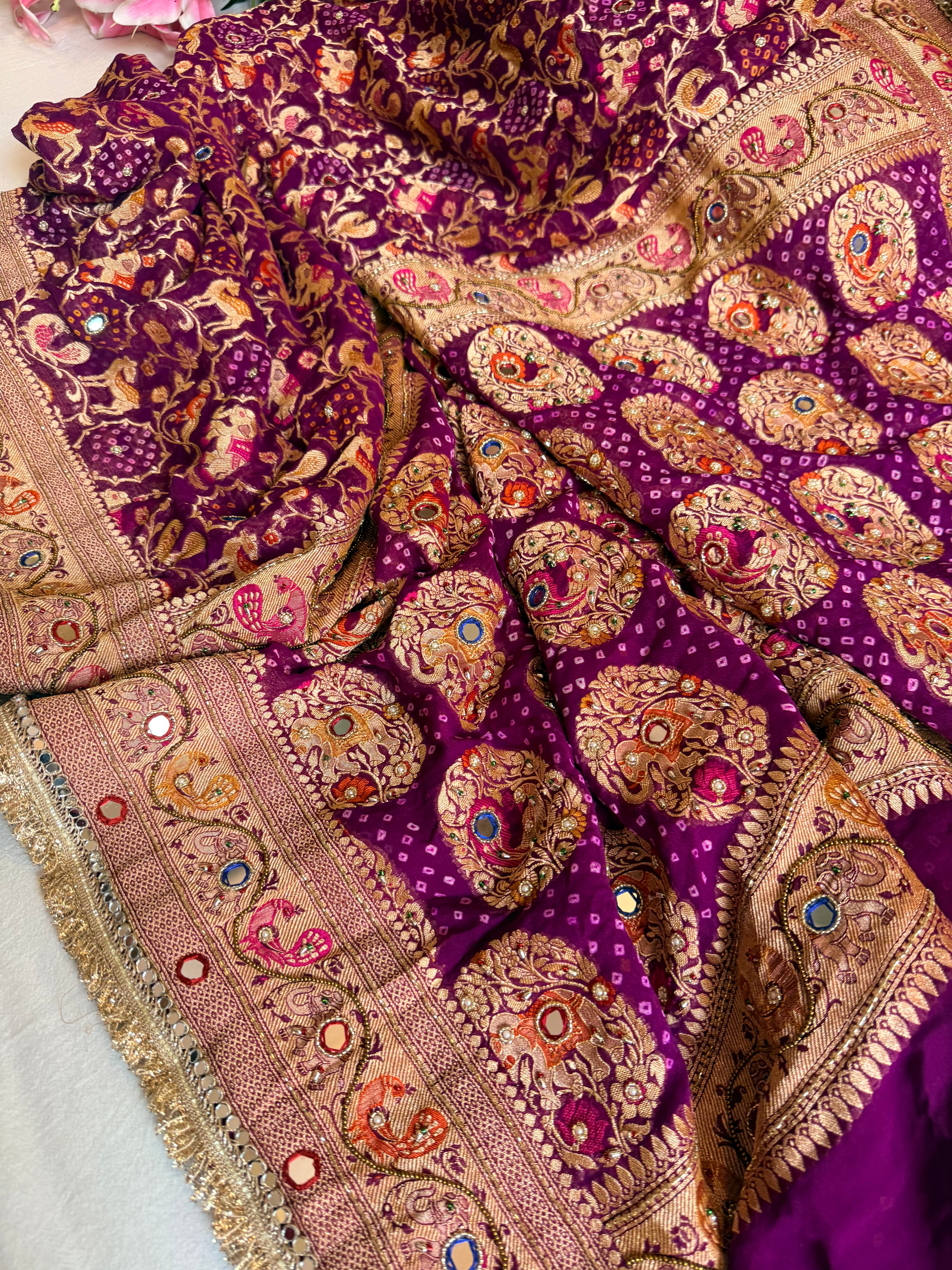 Banarasi chiffon gorgette rai bandhej kadhwa weaving hand embroidered saree