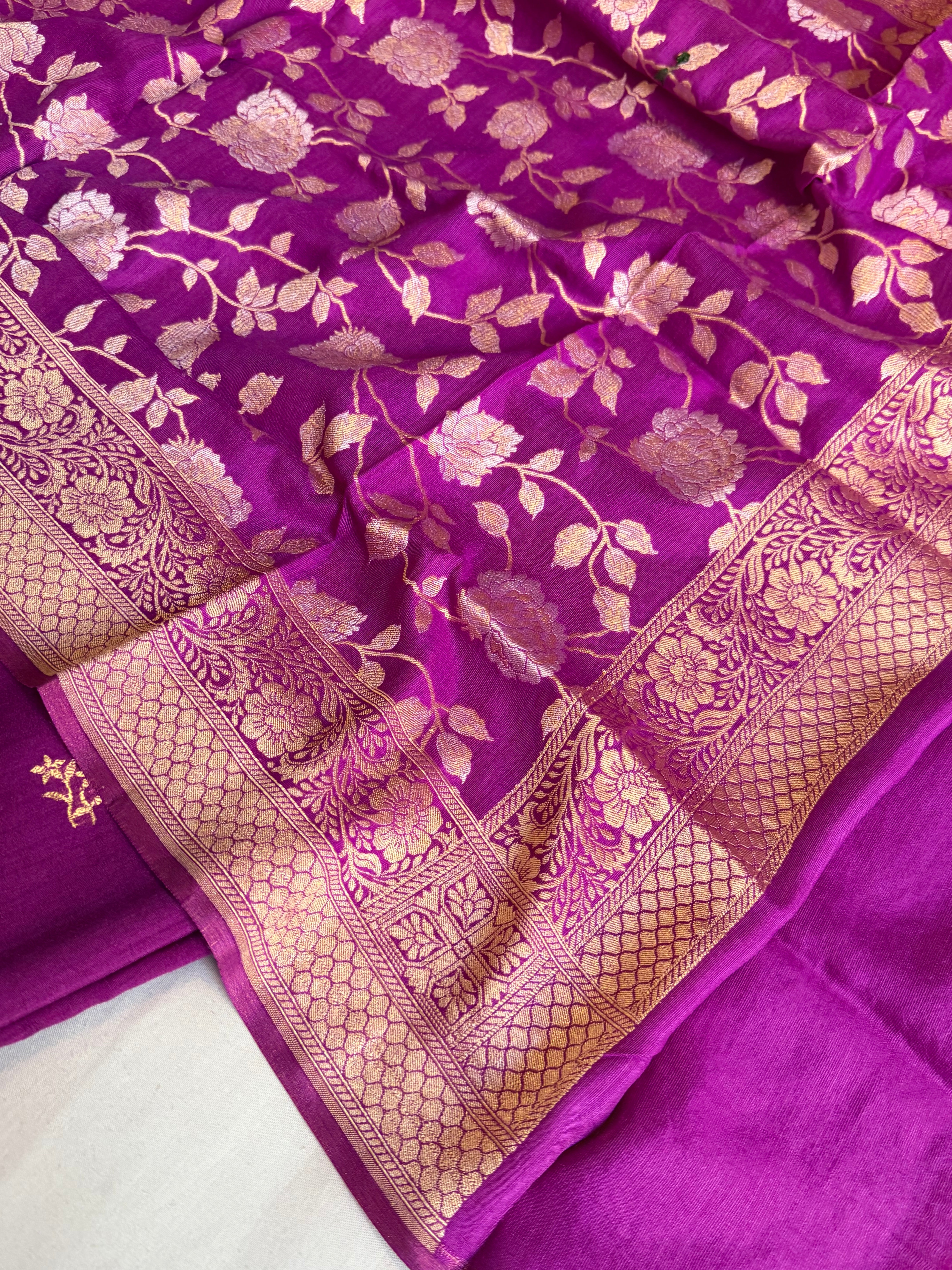 Moonga silk bright purple kadhwa buti jungla duppata suit set