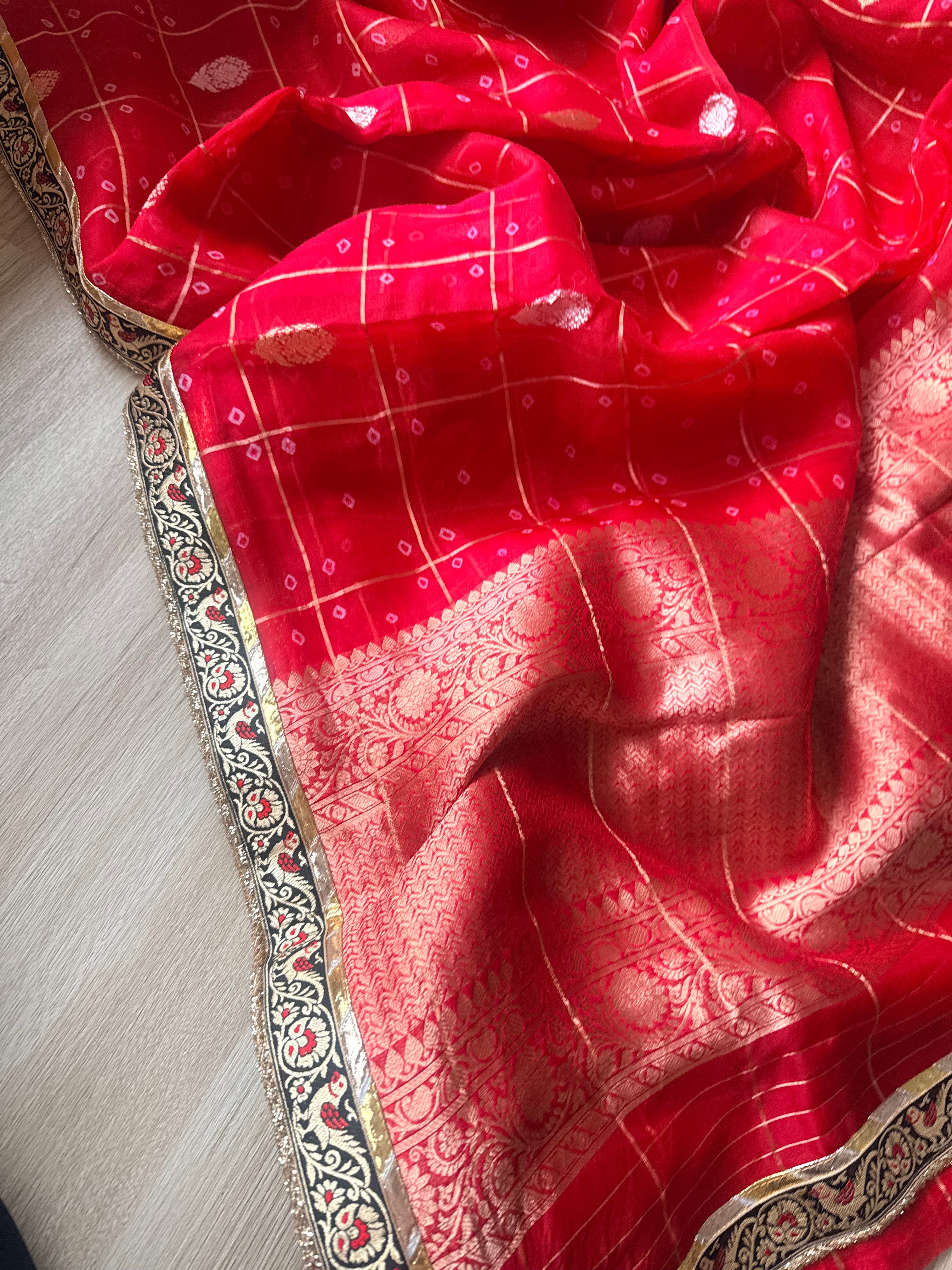 Kora bandhej edit - Chilly red kora silk kadhwa buti hand embroidered saree