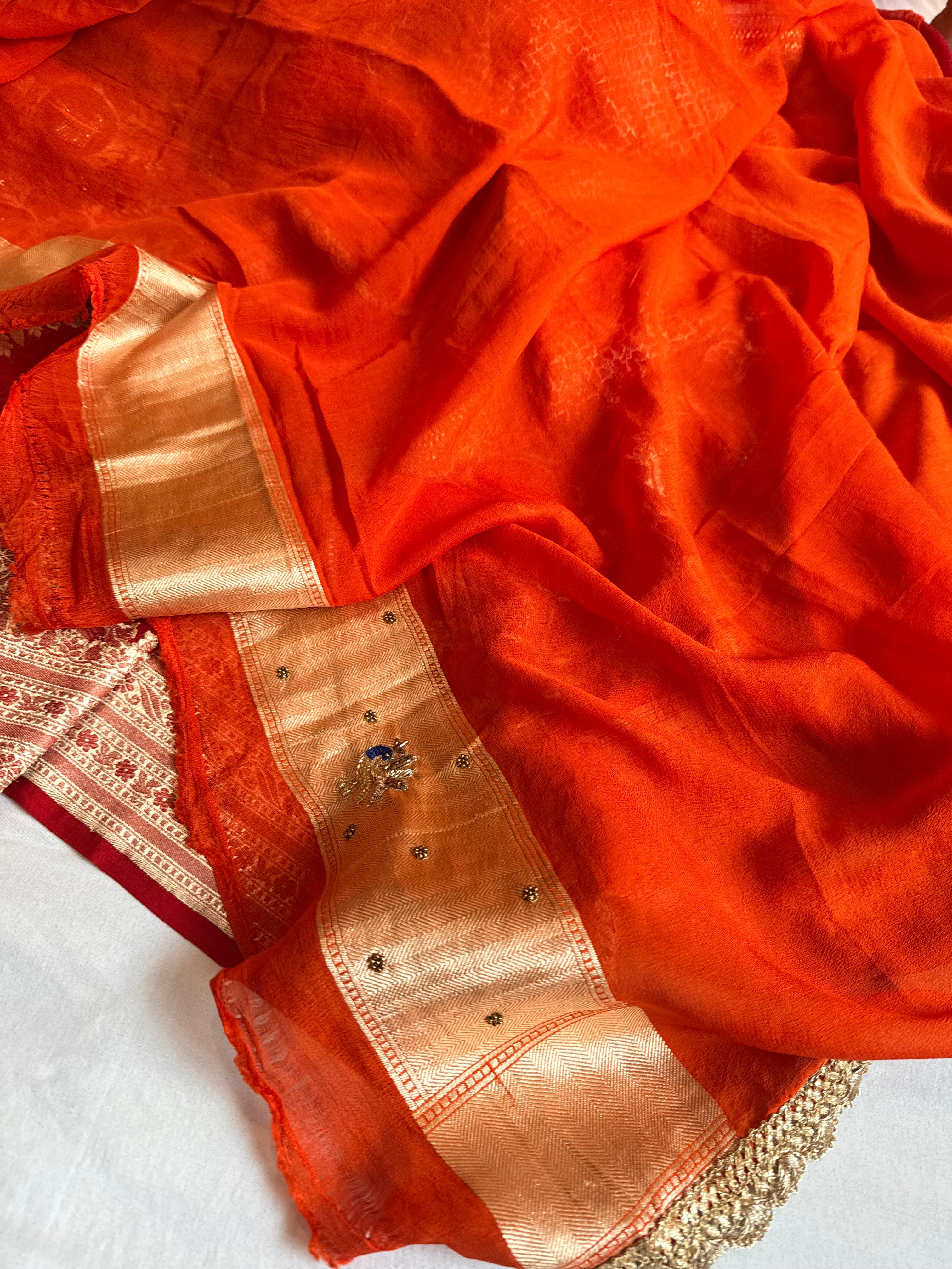 Bridal red chiffon gorgette jaal work hand embroidered kadhwa saree