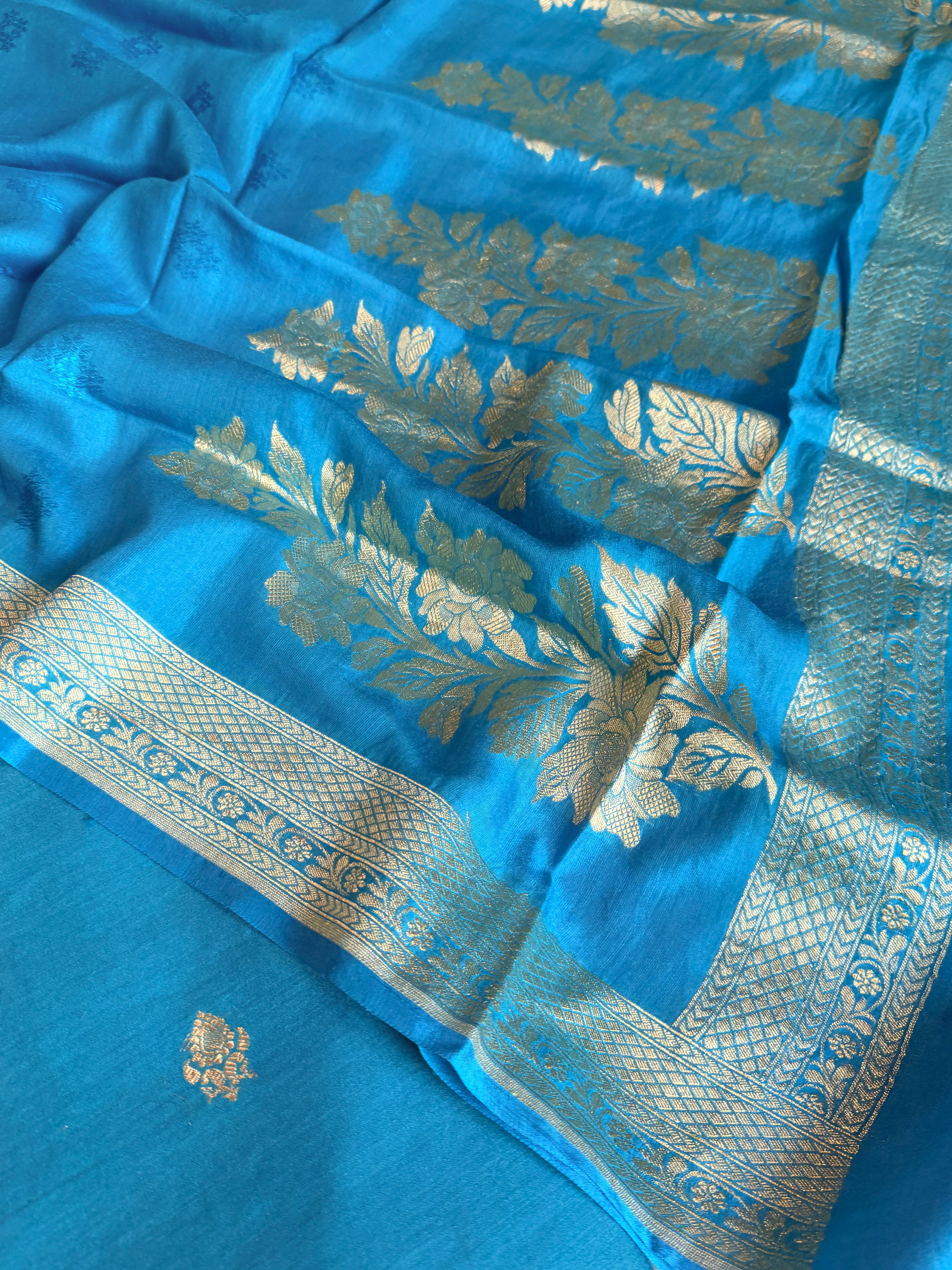 Moonga silk sea blue kadhwa jungla duppata suit set