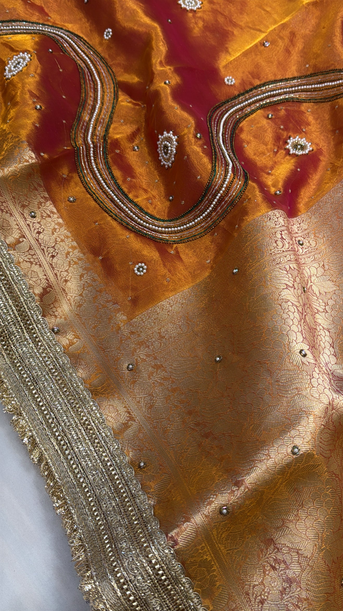 Kanjivaram orange zardozi work husn tissue silk hand embroidered saree