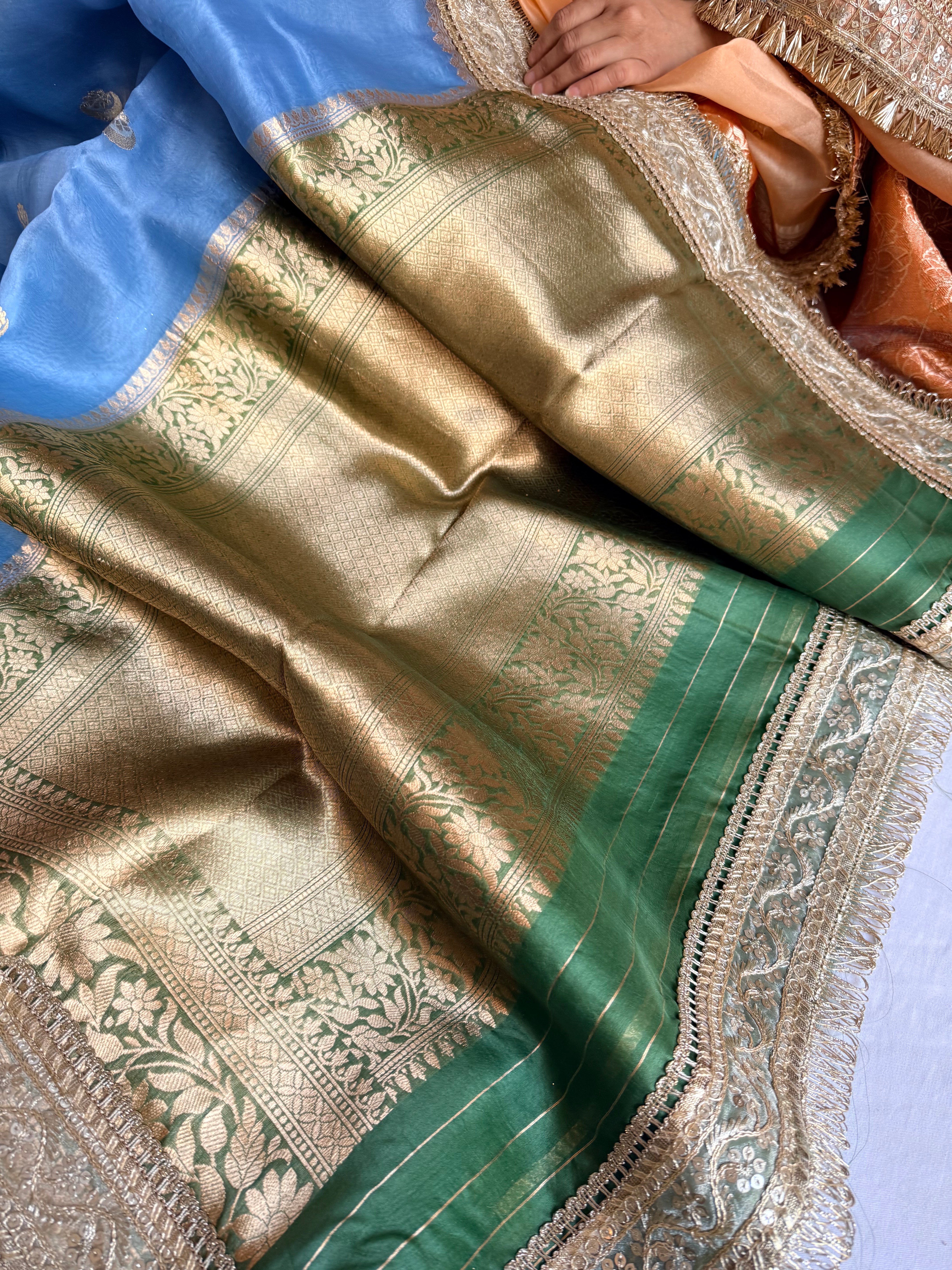 Banarasi leela water blue-green kora silk kadhwa saree