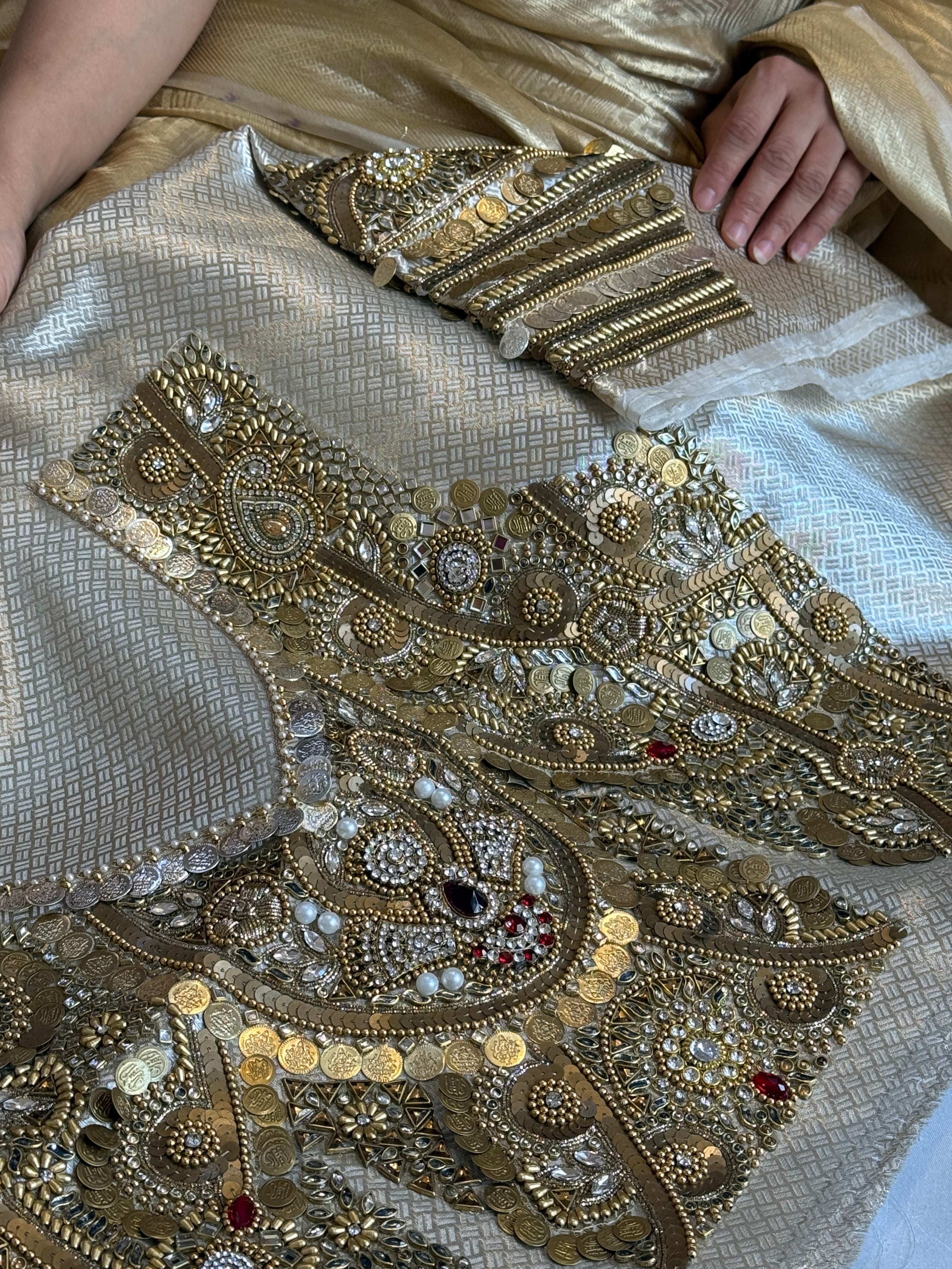 Jhanvi kapoor inspired “jadau edit” tissue brocade saree with jadau hand embroidered blouse piece
