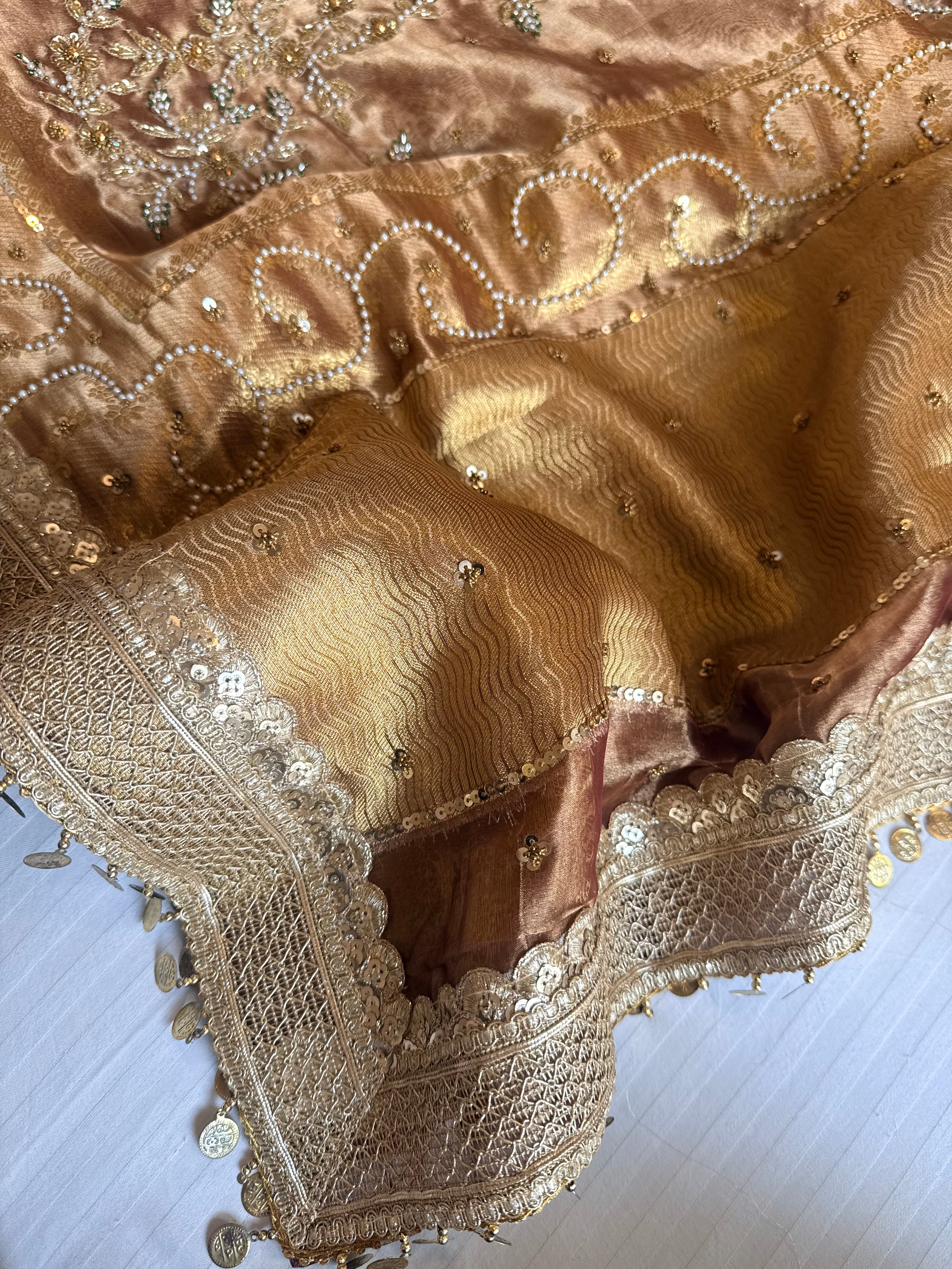 Salma-sitara molten brown tissue silk antique work hand embroidered saree
