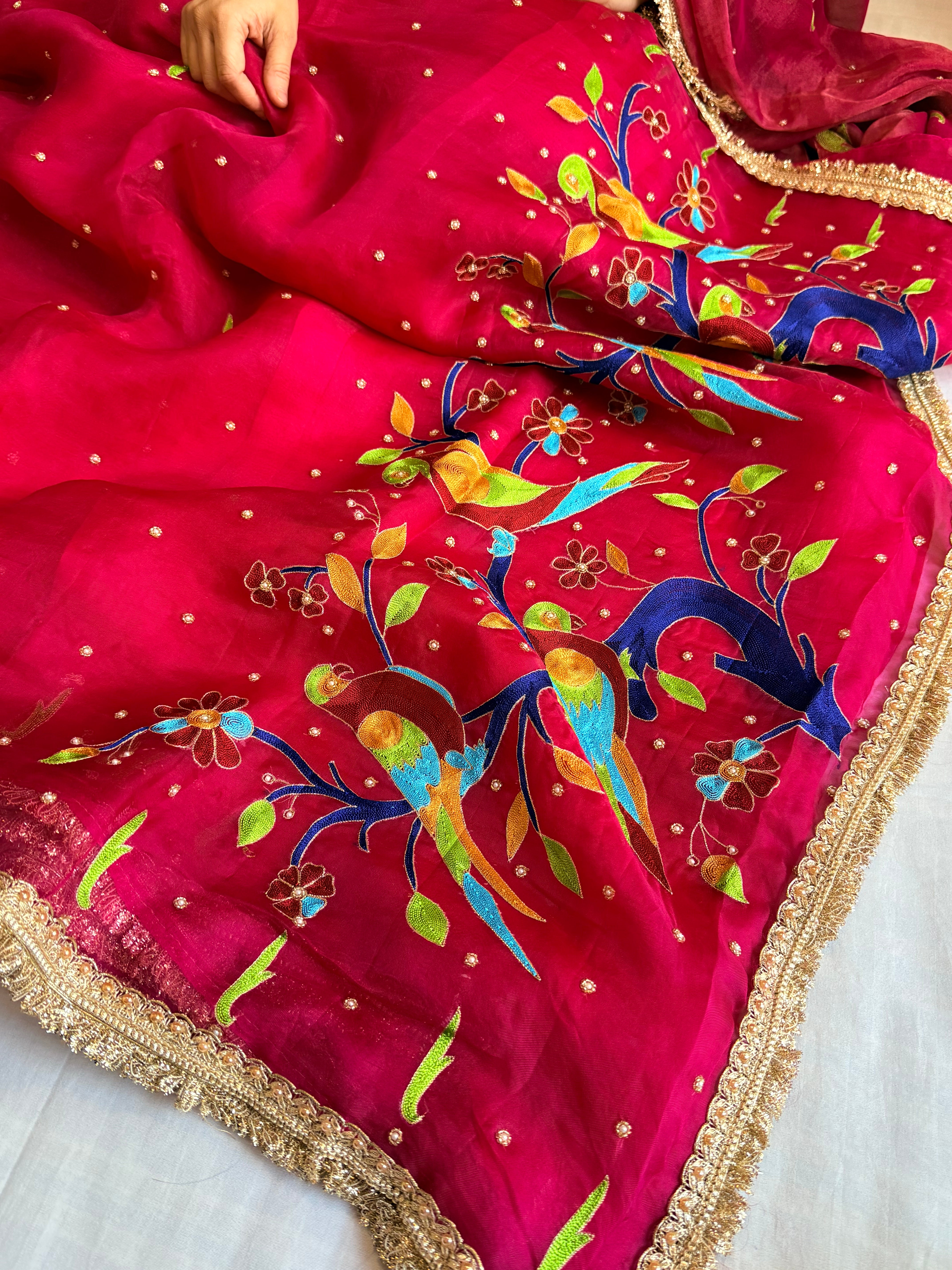 Hot pink kora silk paithani meenakari hand embroidered saree