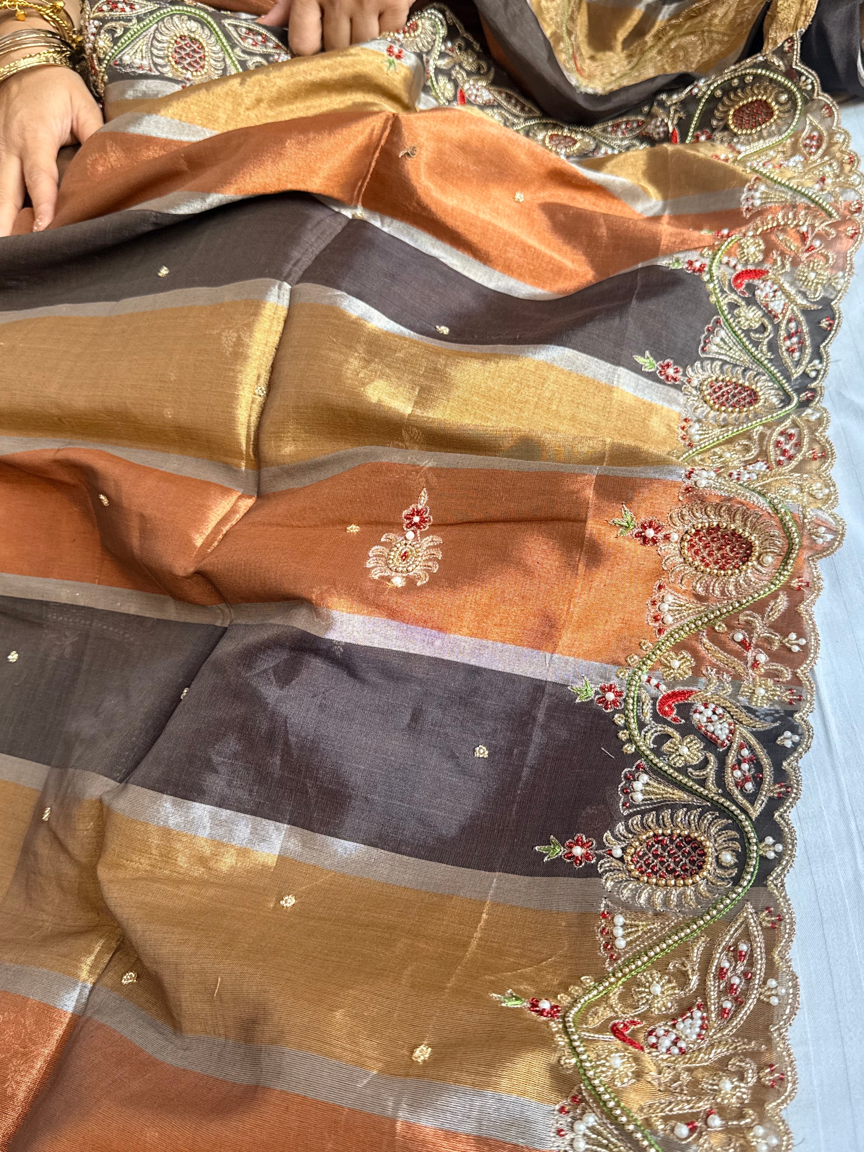 Kanjivaram banarasi tissue silk hand embroidered kadhwa saree with katan silk blouse