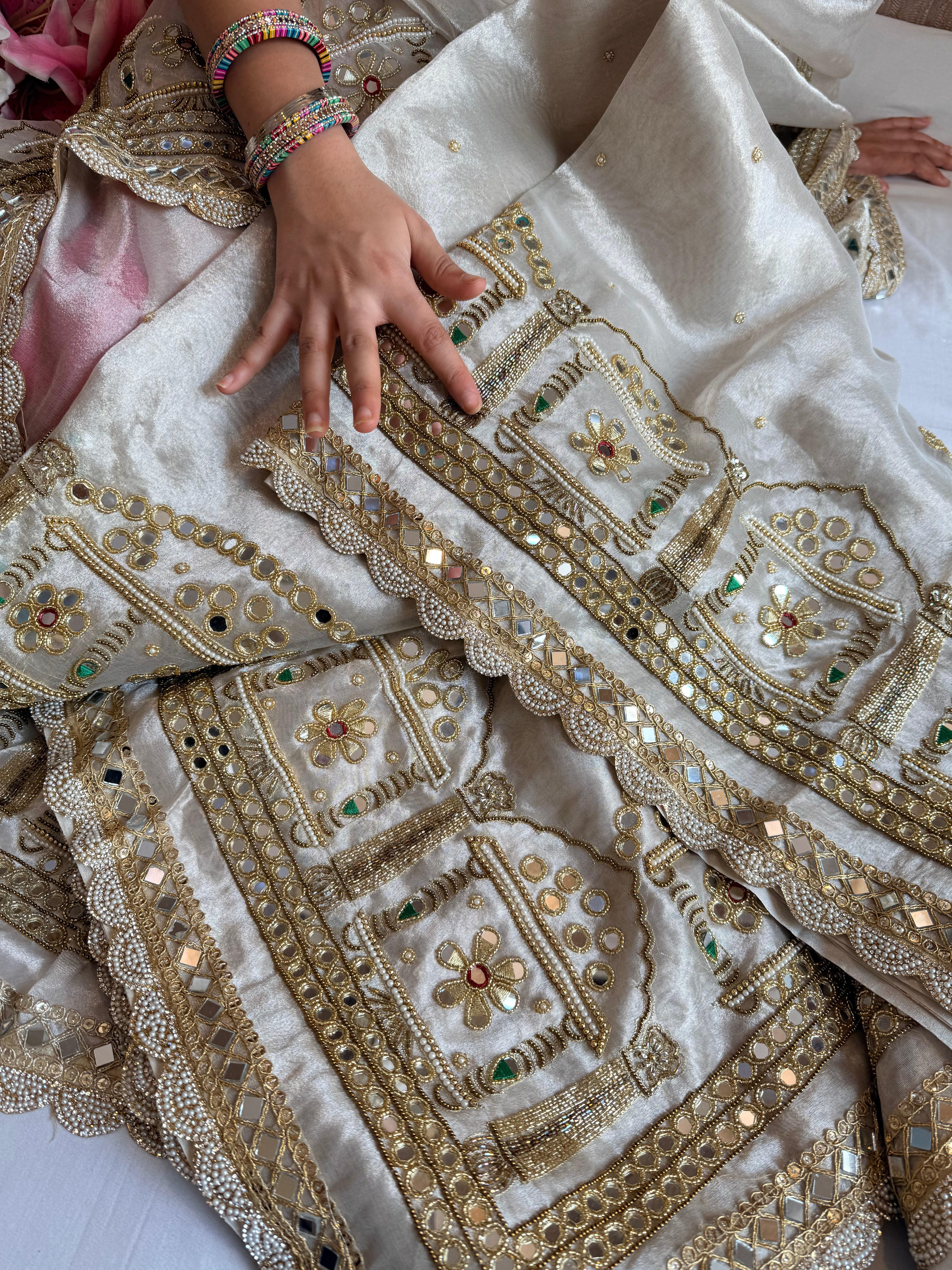 Hawamahal diamond tissue silk mirror work hand embroidered kadhwa saree