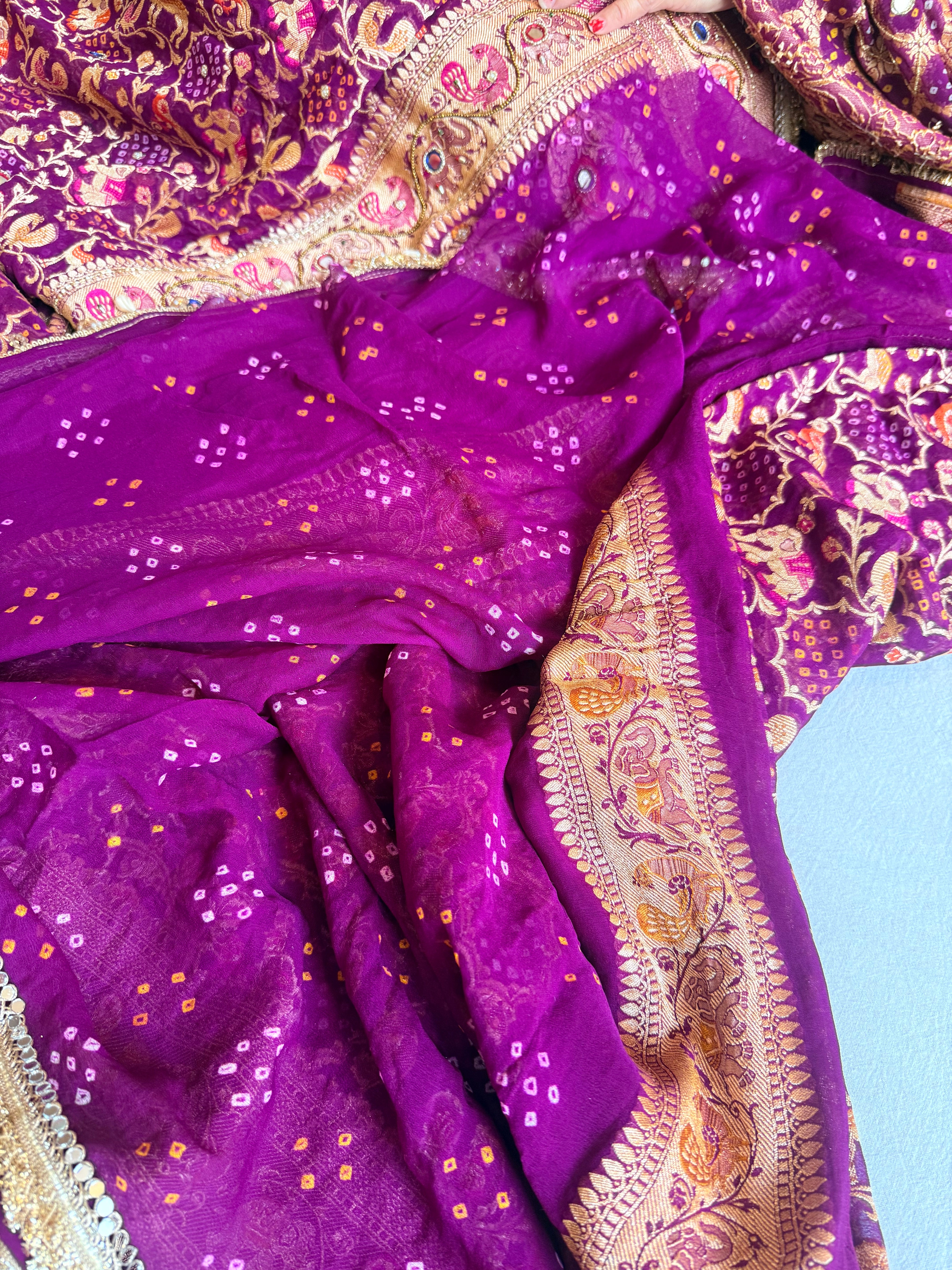Banarasi chiffon gorgette rai bandhej kadhwa weaving hand embroidered saree
