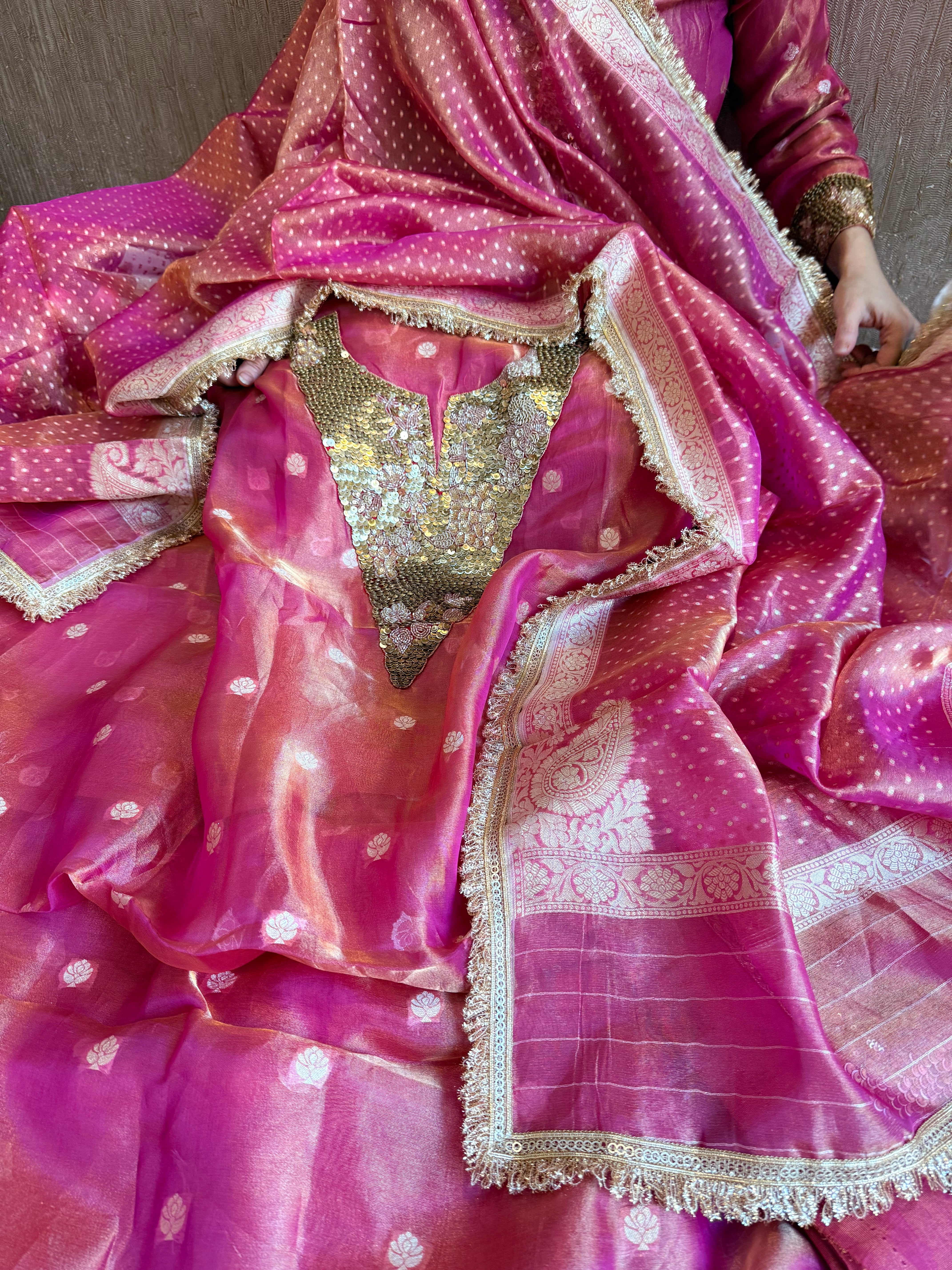 Karwachauth edit tissue silk sequins work hand embroidered suits