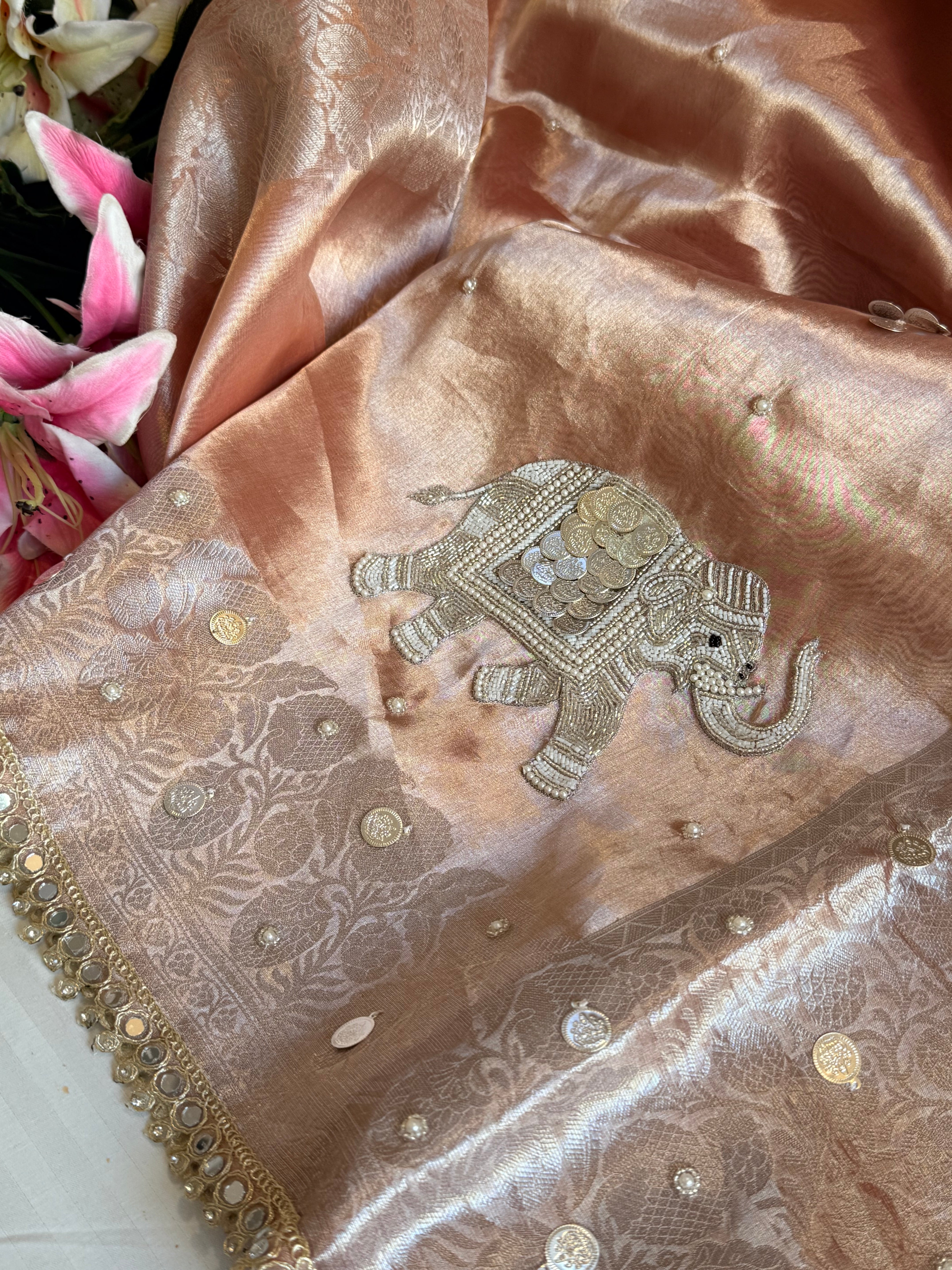 Gulabi jadau edit - Blush pinkish peach tissue silk jadau work hand embroidered saree