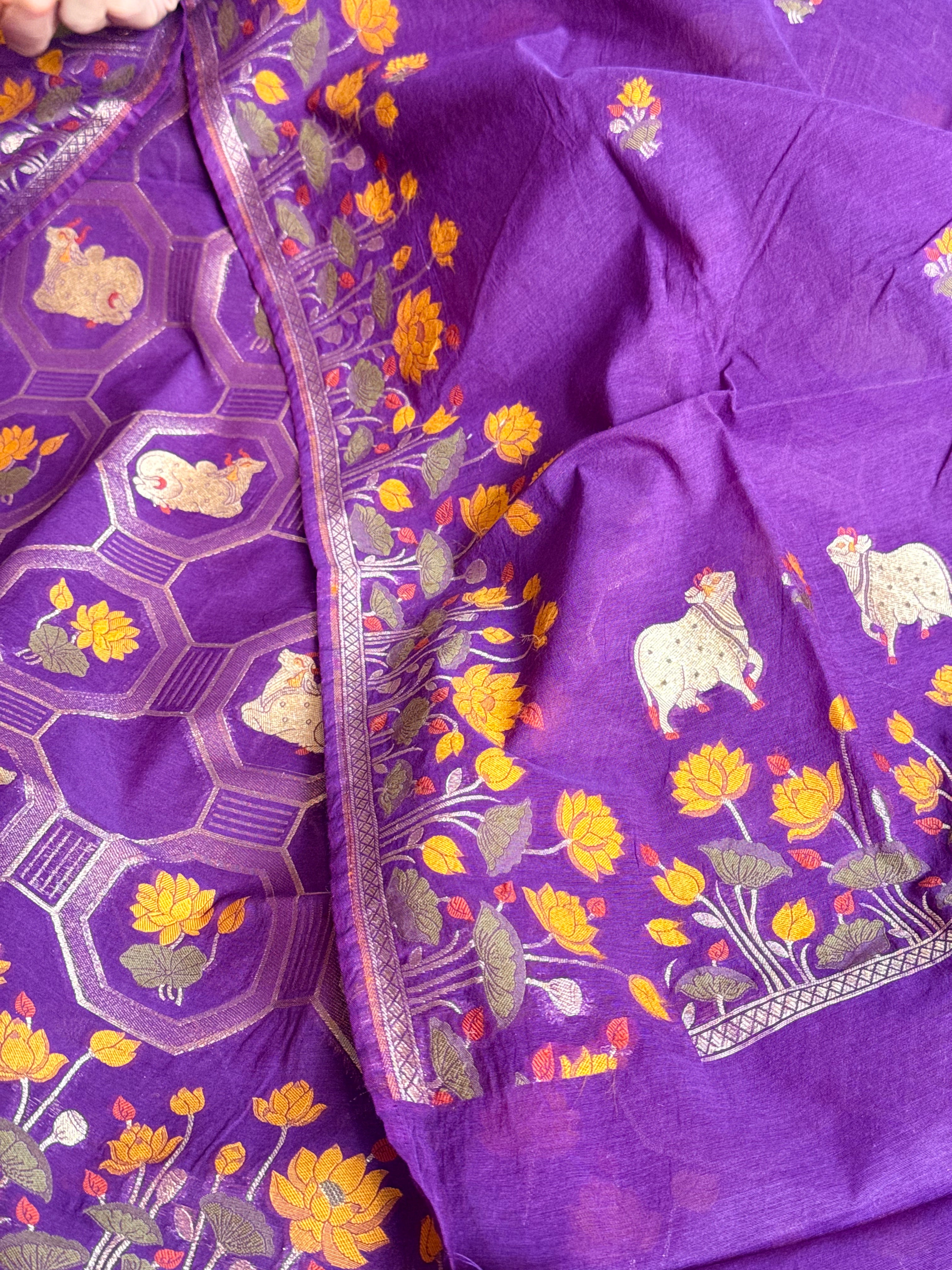 Mul cotton banarasi meenakari nandu motif suit sets