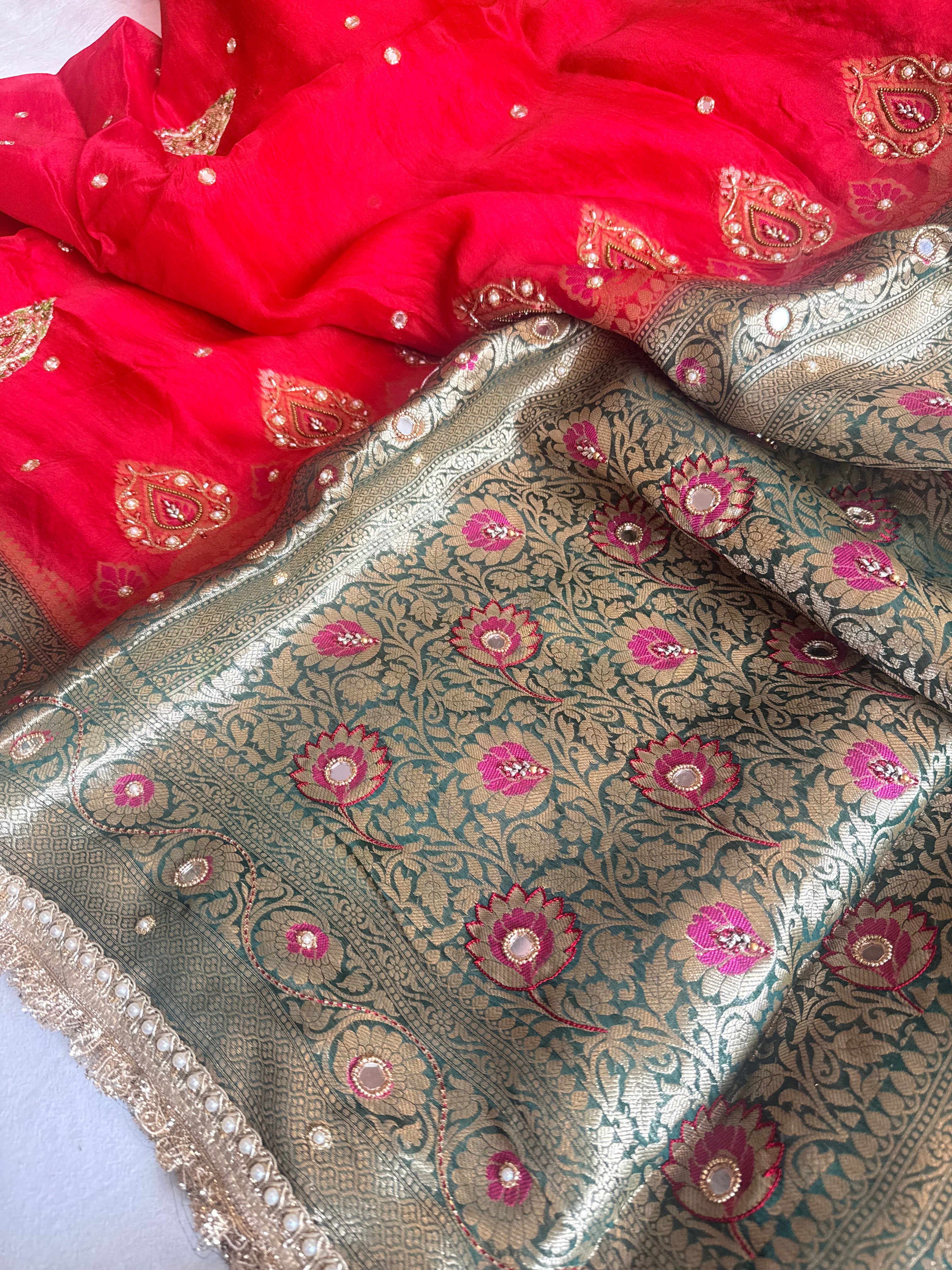 Husn ganga jamuna contrast border kora silk hand embroidered saree