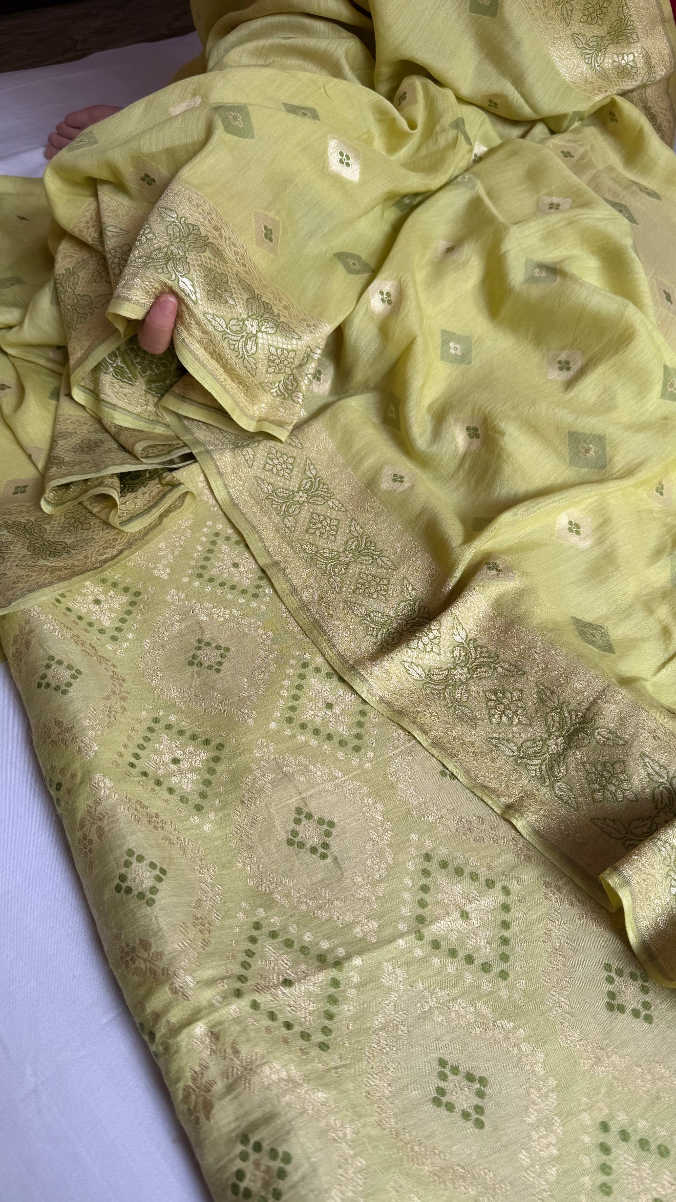 Lime green moonga silk bandhej weaving kadhwa suit set