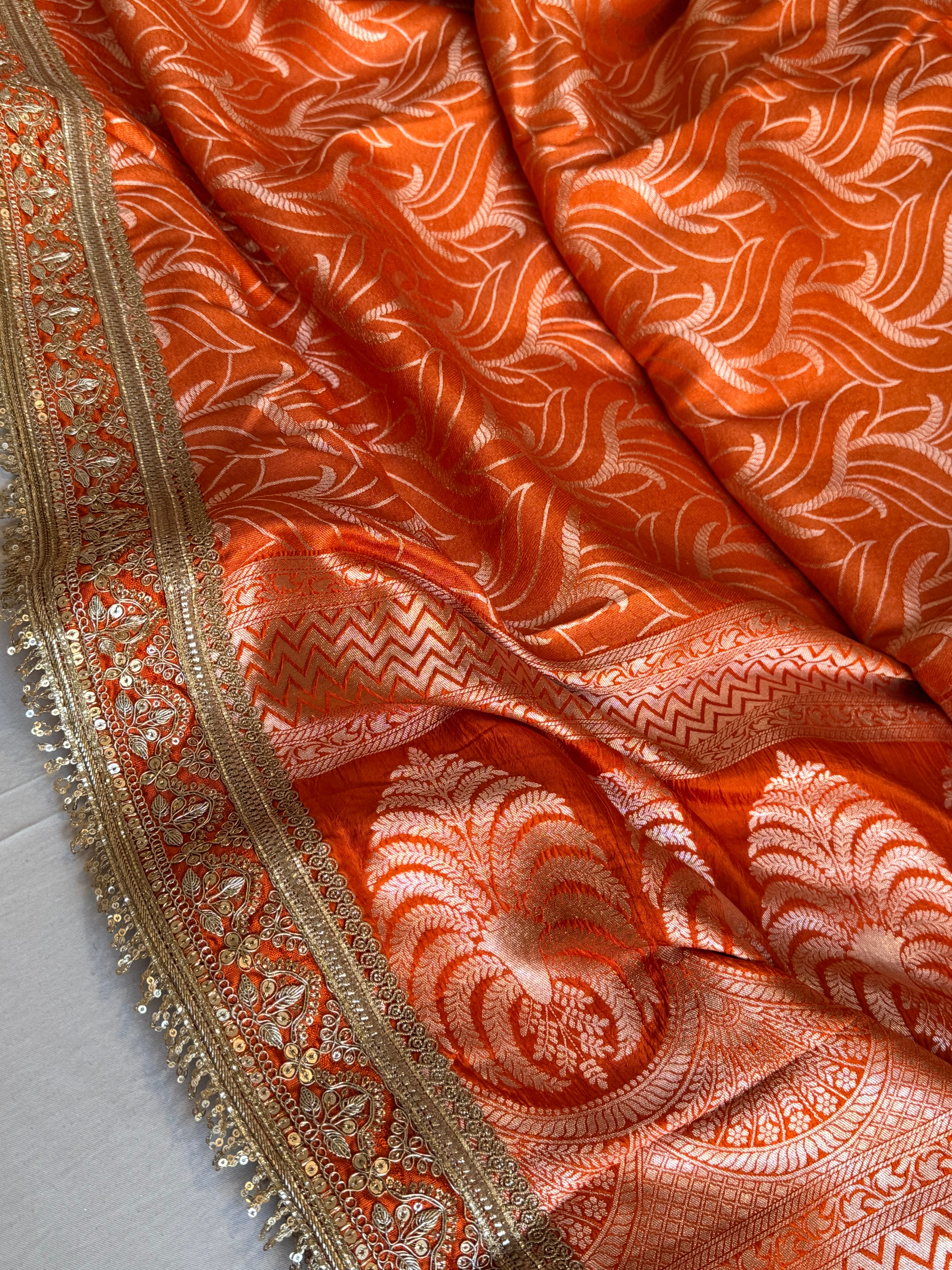 Fanta orange raw mango silk abstract weaving kadhwa saree