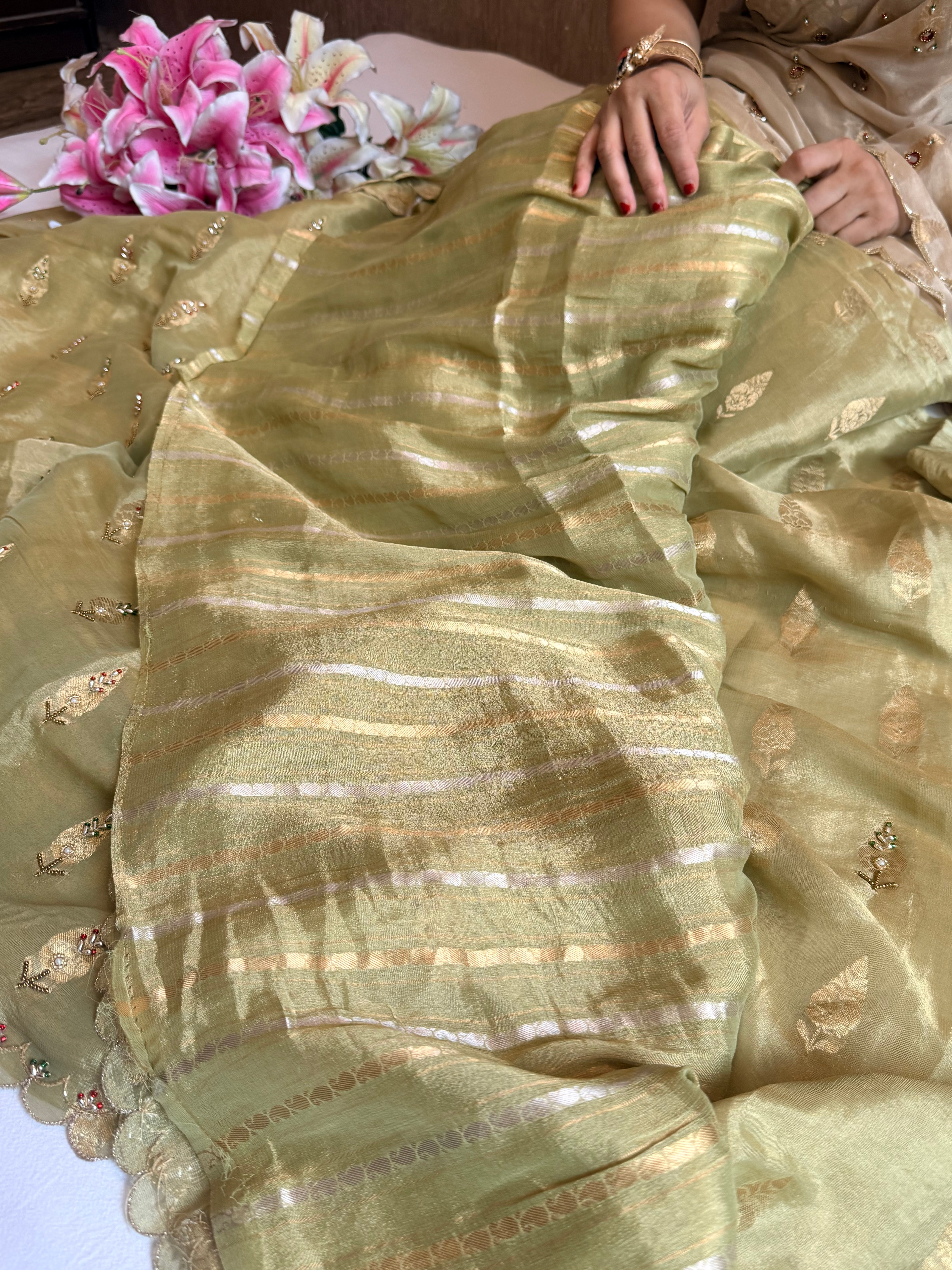 Chiffon tissue gorgette chunri buti hand embroidered kadhwa saree